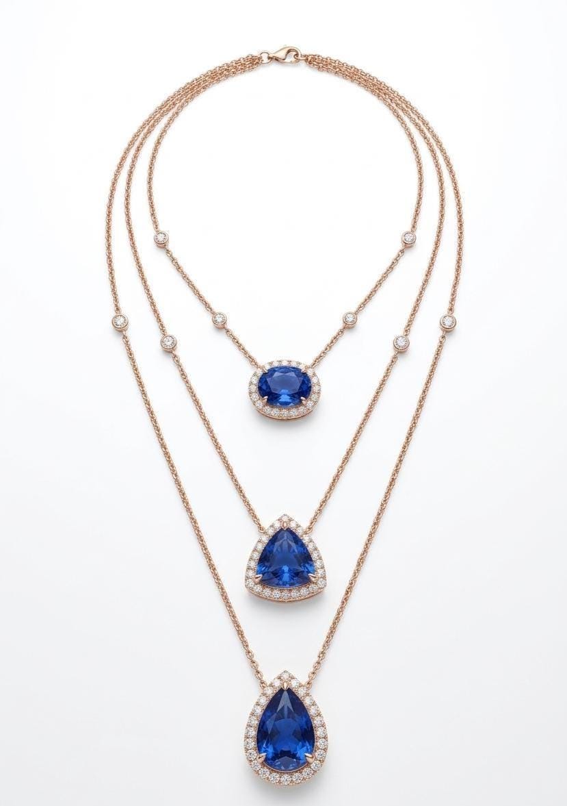 Blue Sapphire Trinity Necklace | 14K Gold Layered Moissanite Halo Pendant