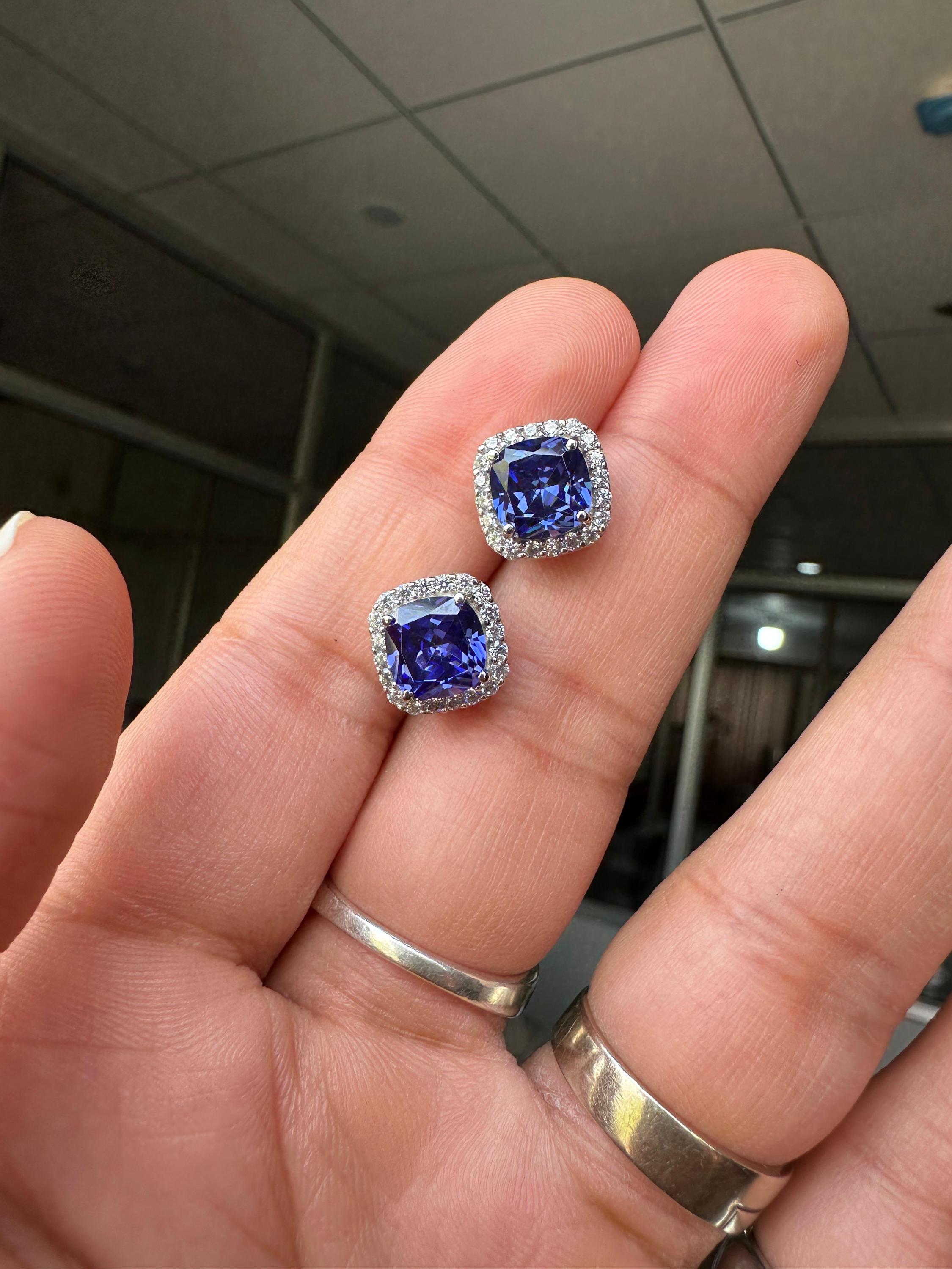 Cushion Cut Tanzanite Halo Stud Earrings | 14K White Gold Lab Diamond Accents