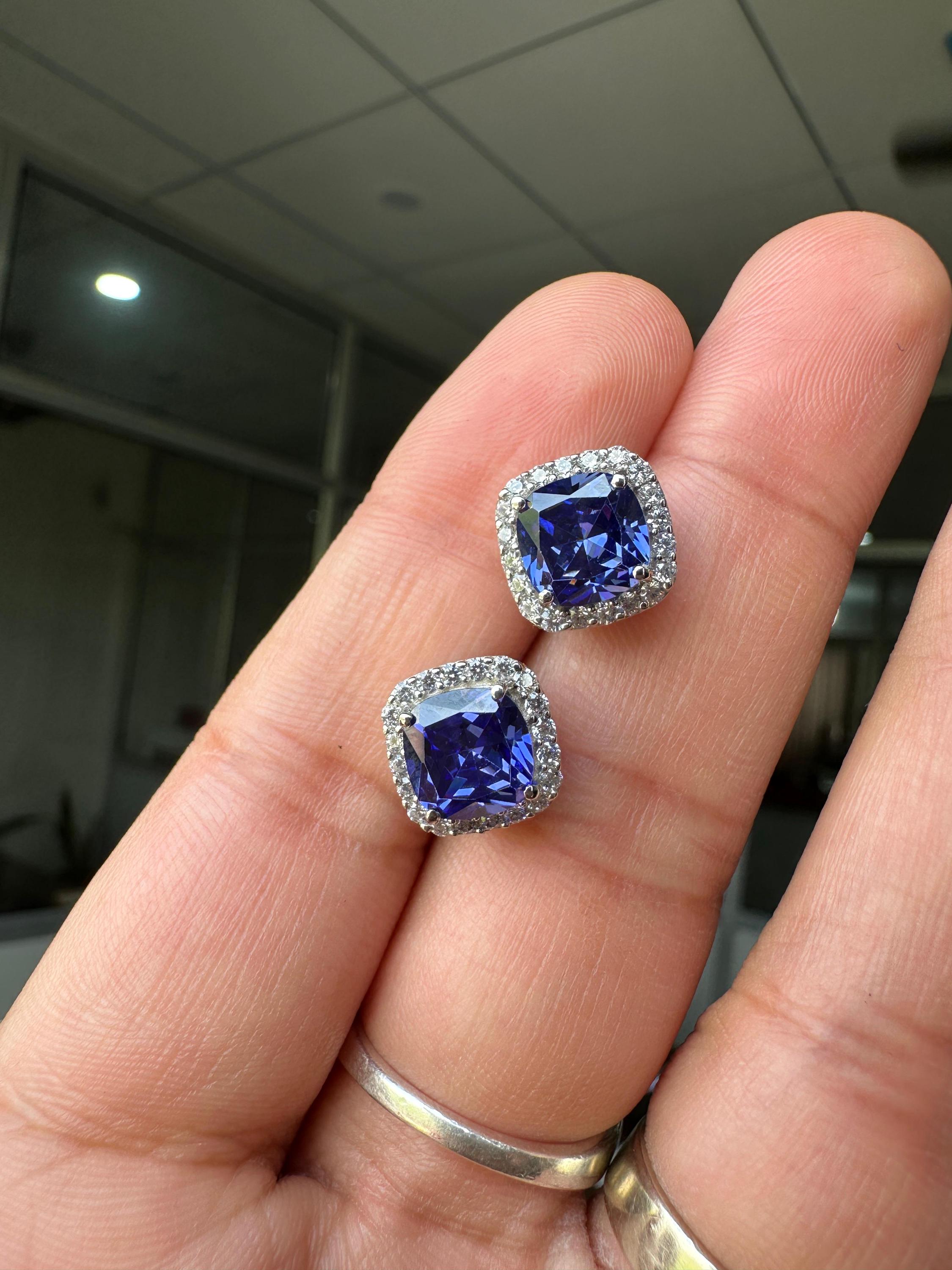 Cushion Cut Tanzanite Halo Stud Earrings | 14K White Gold Lab Diamond Accents