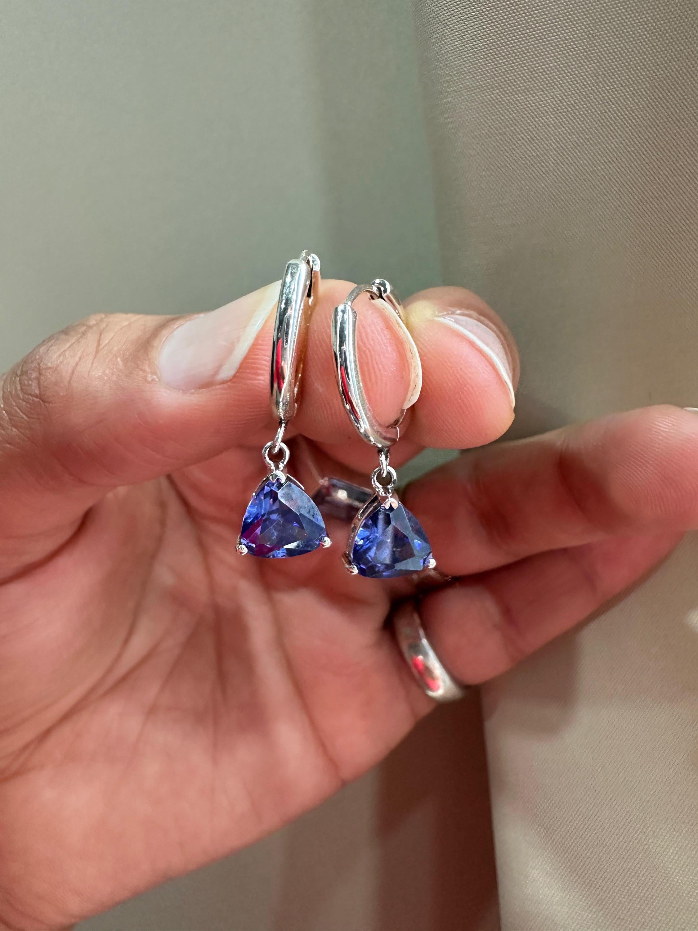 14K White Gold Trillion Tanzanite Hoop Drop Earrings, 2 CT Blue Gemstone Dangle Jewelry