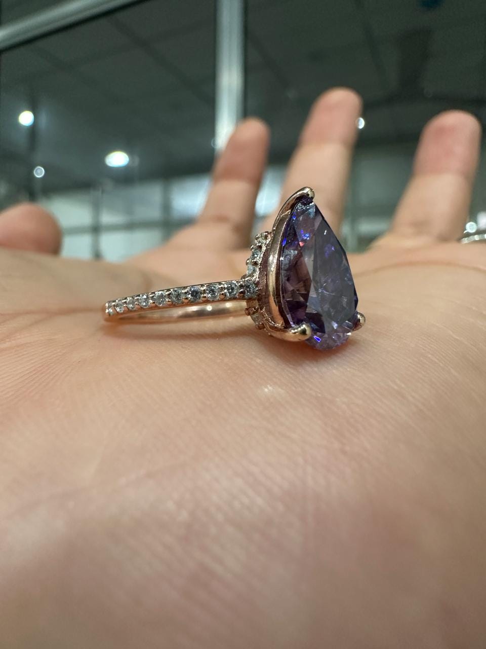 3.5 CT Purple Moissanite Engagement Ring, 14K Rose Gold Hidden Halo Ring