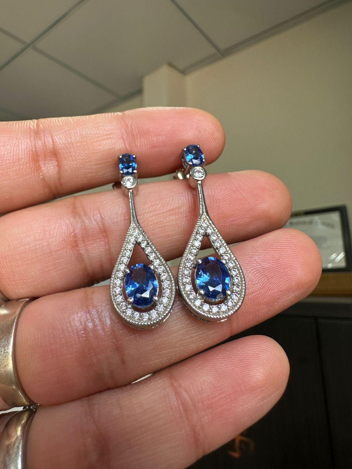 Blue Sapphire Drop Earrings | 14K White Gold Halo Dangle Drop Bridal Jewelry