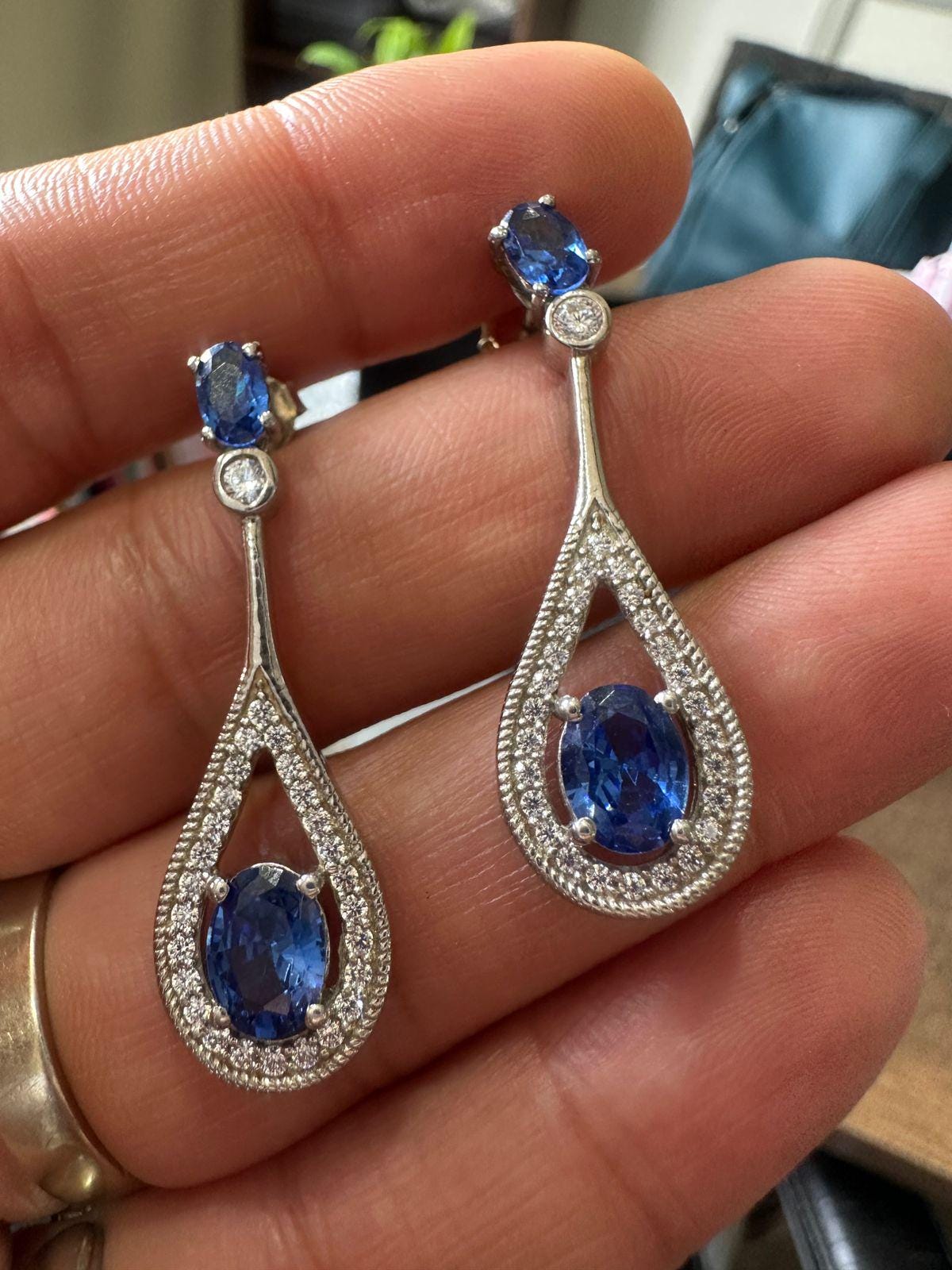 Blue Sapphire Drop Earrings | 14K White Gold Halo Dangle Drop Bridal Jewelry