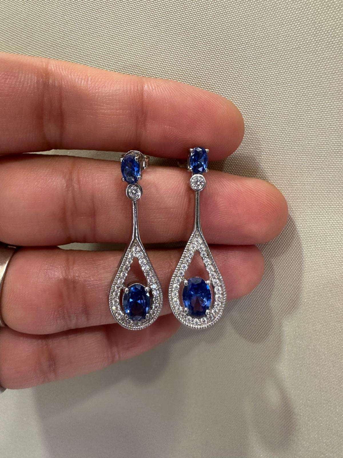 Blue Sapphire Drop Earrings | 14K White Gold Halo Dangle Drop Bridal Jewelry