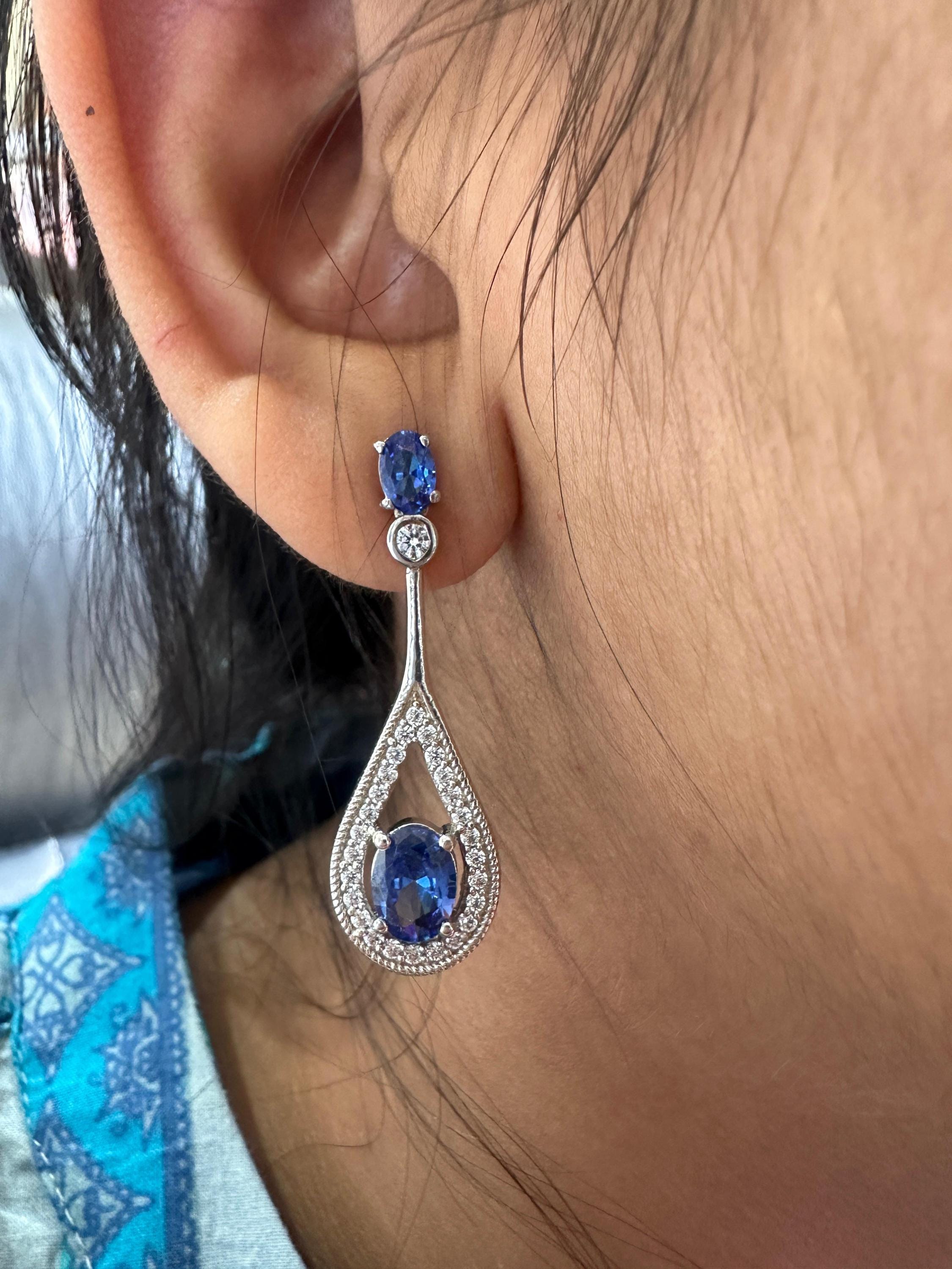 Blue Sapphire Drop Earrings | 14K White Gold Halo Dangle Drop Bridal Jewelry
