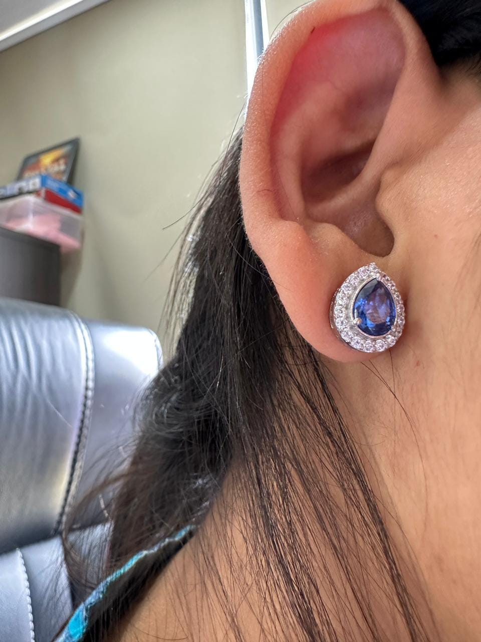 Pear Cut Blue Sapphire Halo Stud Earrings | 925 Sterling Silver Bridal Jewelry