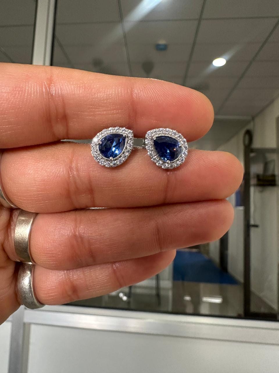 Pear Cut Blue Sapphire Halo Stud Earrings | 925 Sterling Silver Bridal Jewelry