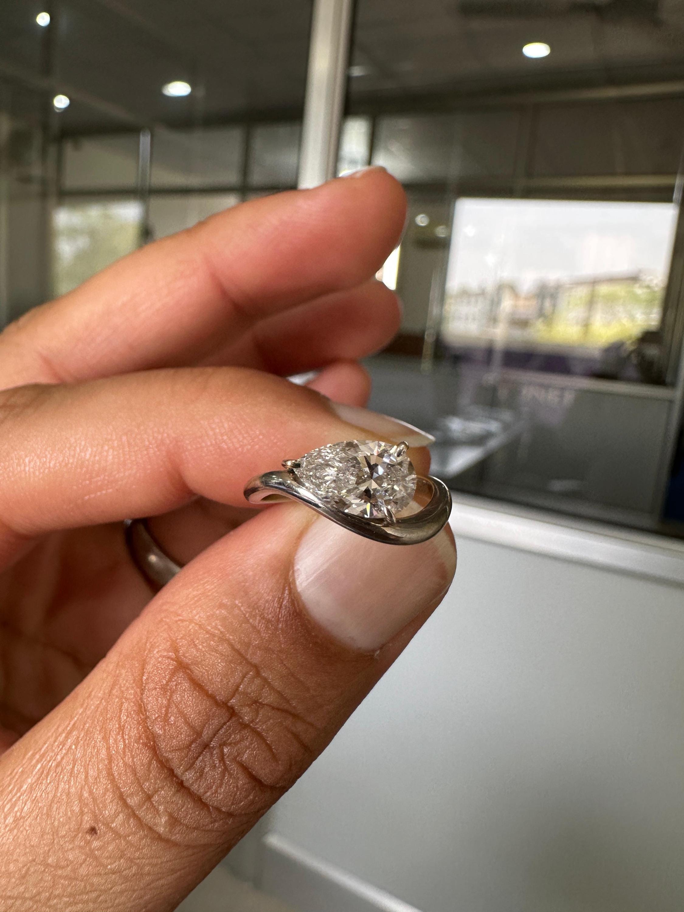 1 CT Pear Lab Diamond Signet Ring, 14K White Gold Curved Band, IGI Certified