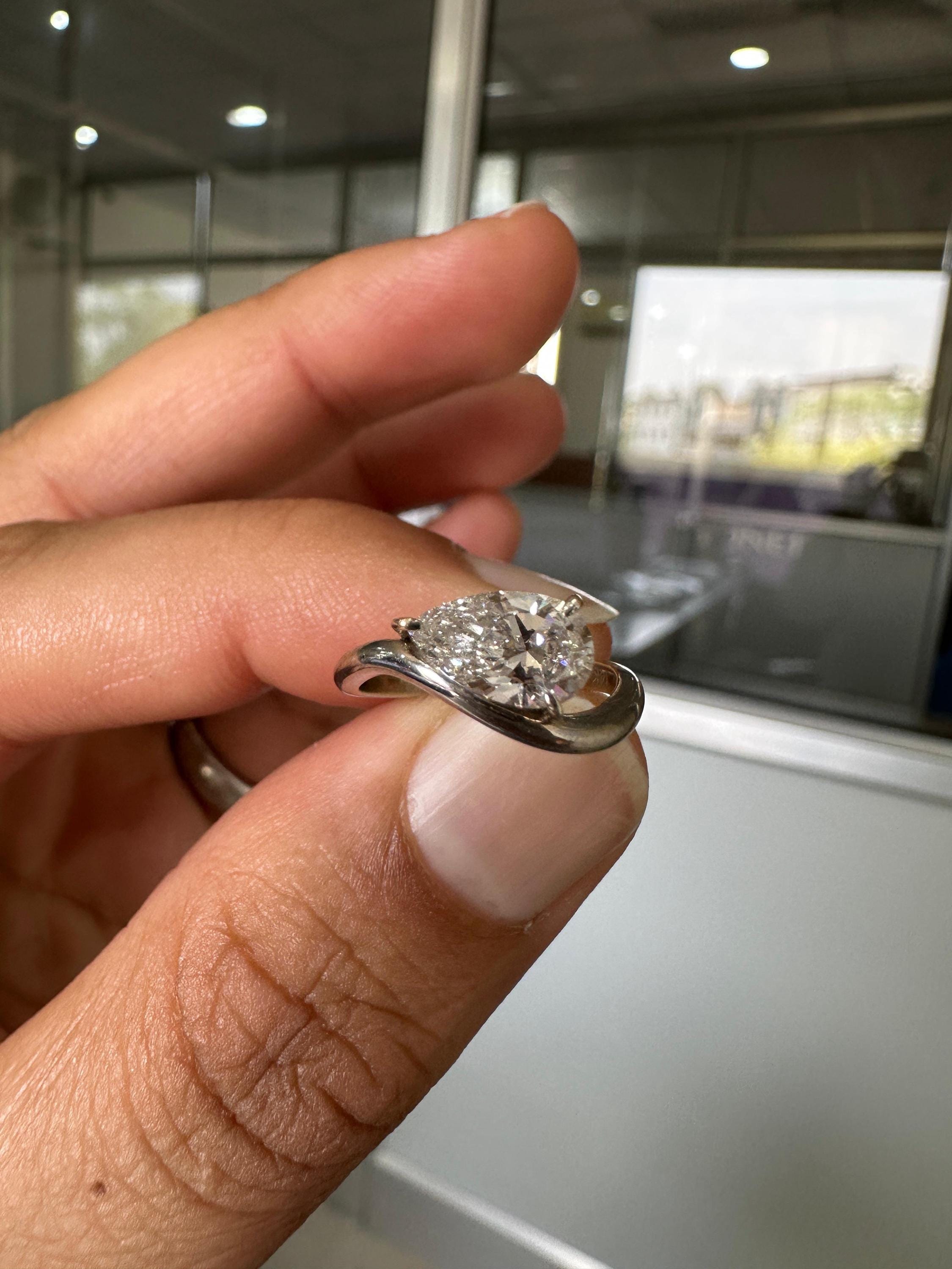 1 CT Pear Lab Diamond Signet Ring, 14K White Gold Curved Band, IGI Certified