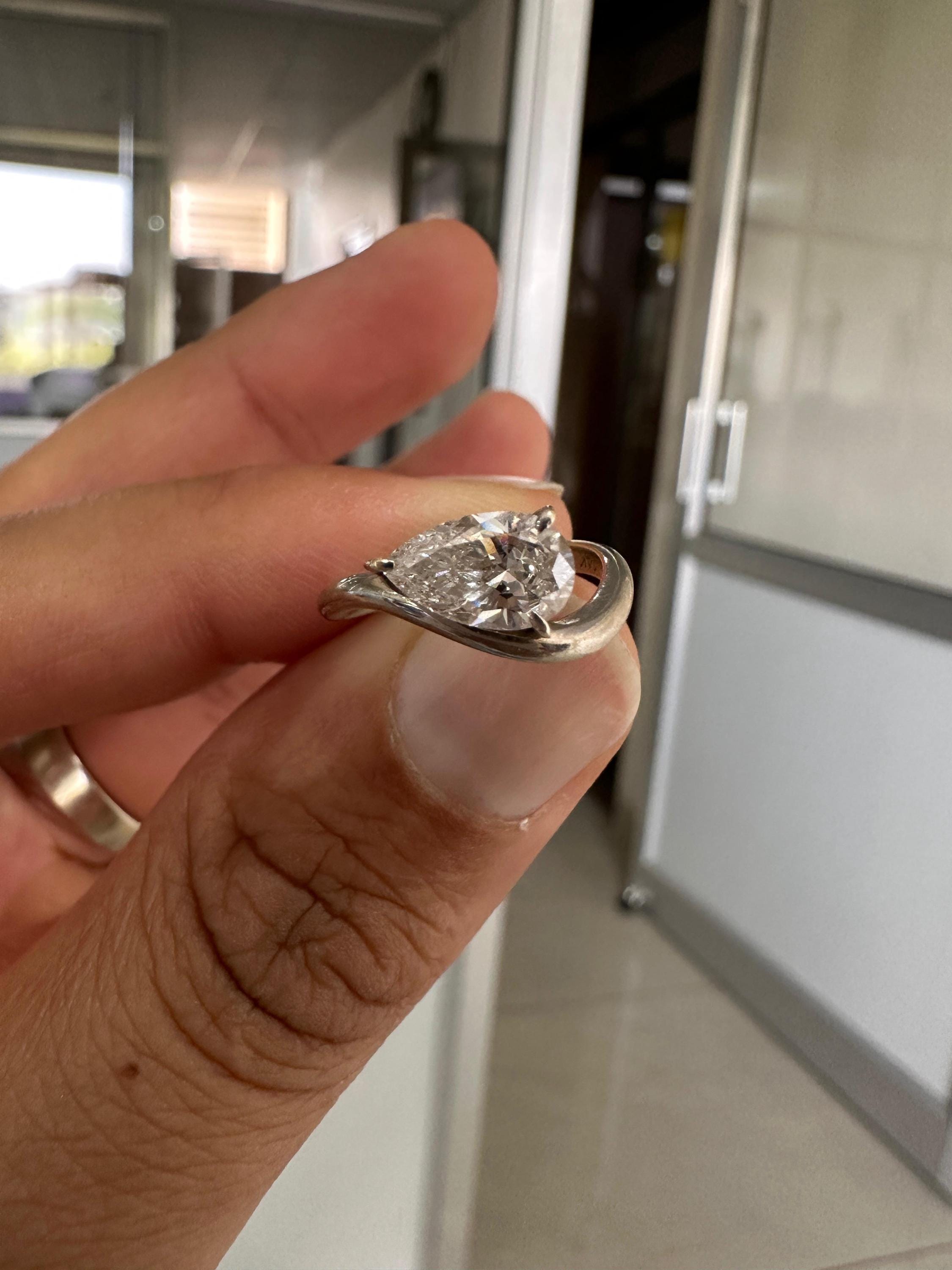 1 CT Pear Lab Diamond Signet Ring, 14K White Gold Curved Band, IGI Certified