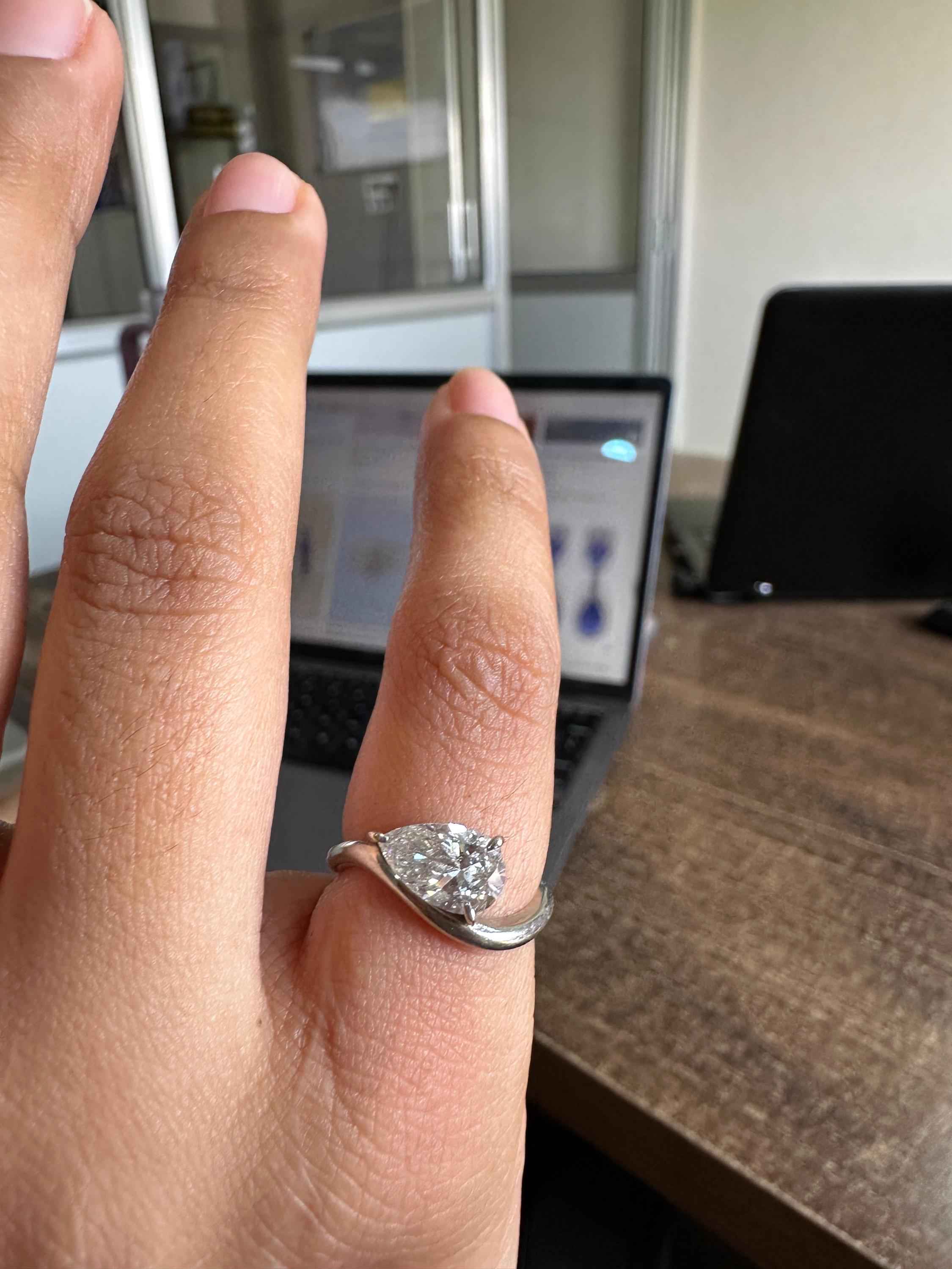 1 CT Pear Lab Diamond Signet Ring, 14K White Gold Curved Band, IGI Certified