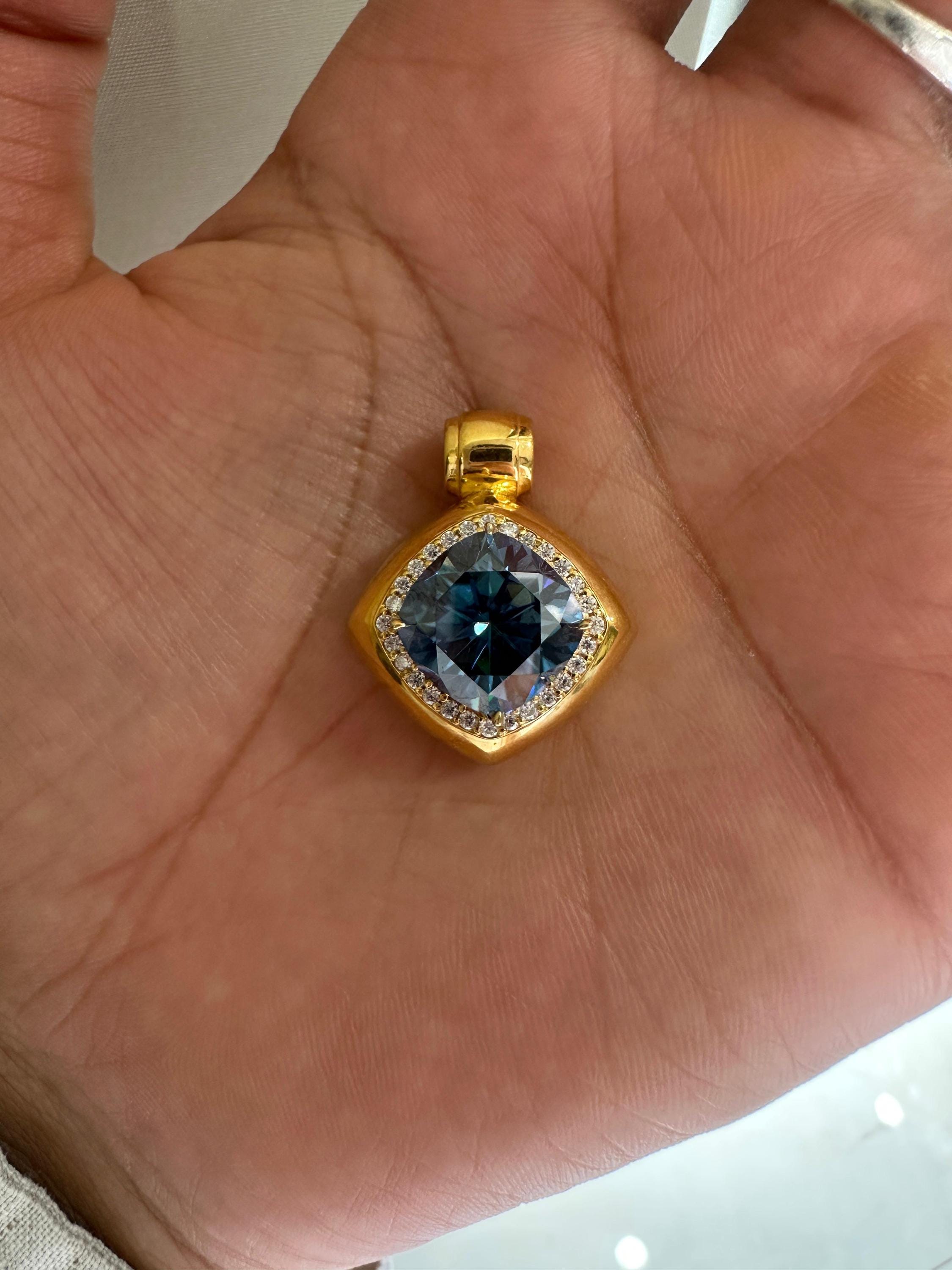 10 CT Cushion Blue Moissanite Halo Pendant | 14K Yellow Gold Statement Necklace