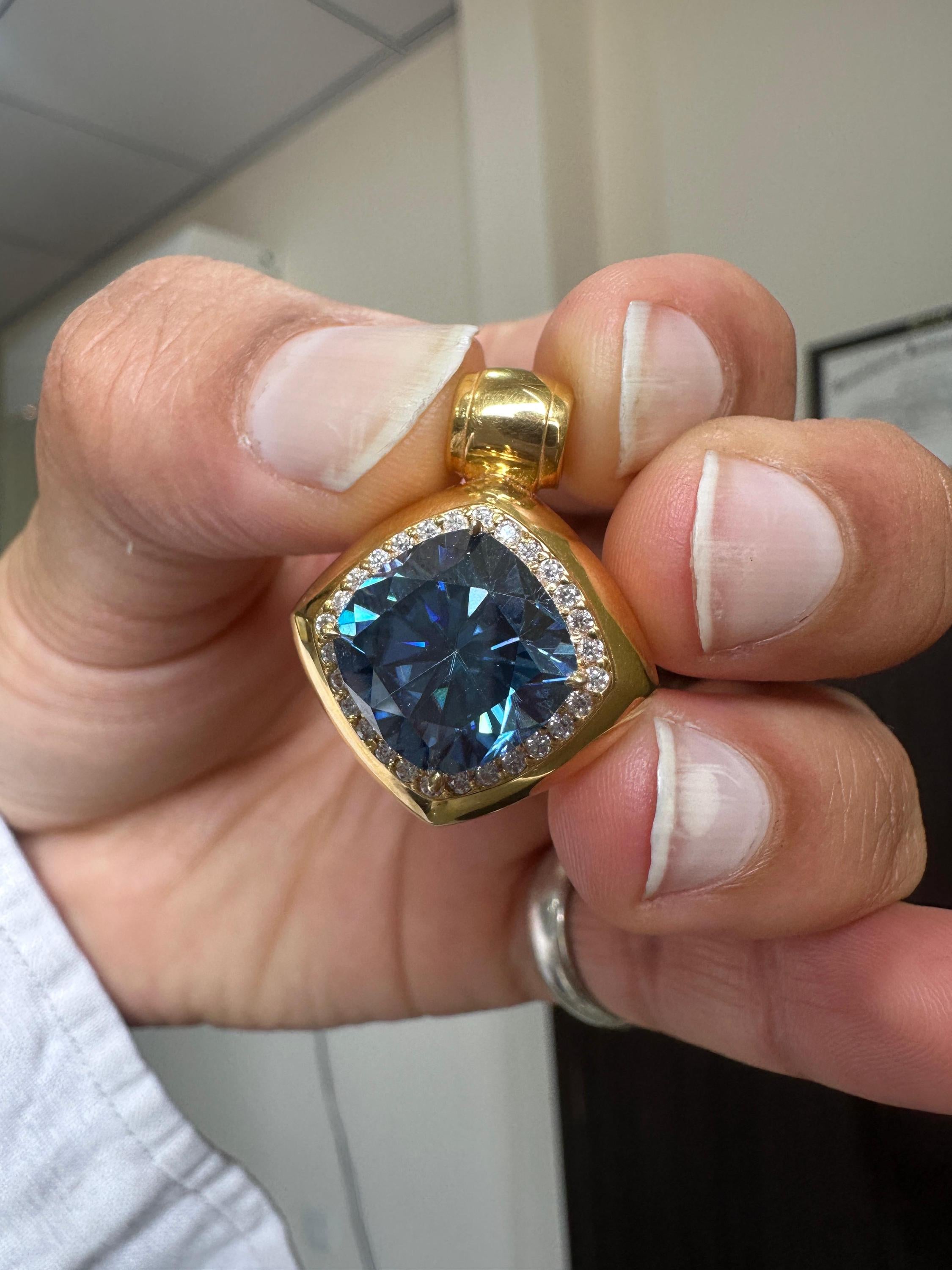 10 CT Cushion Blue Moissanite Halo Pendant | 14K Yellow Gold Statement Necklace