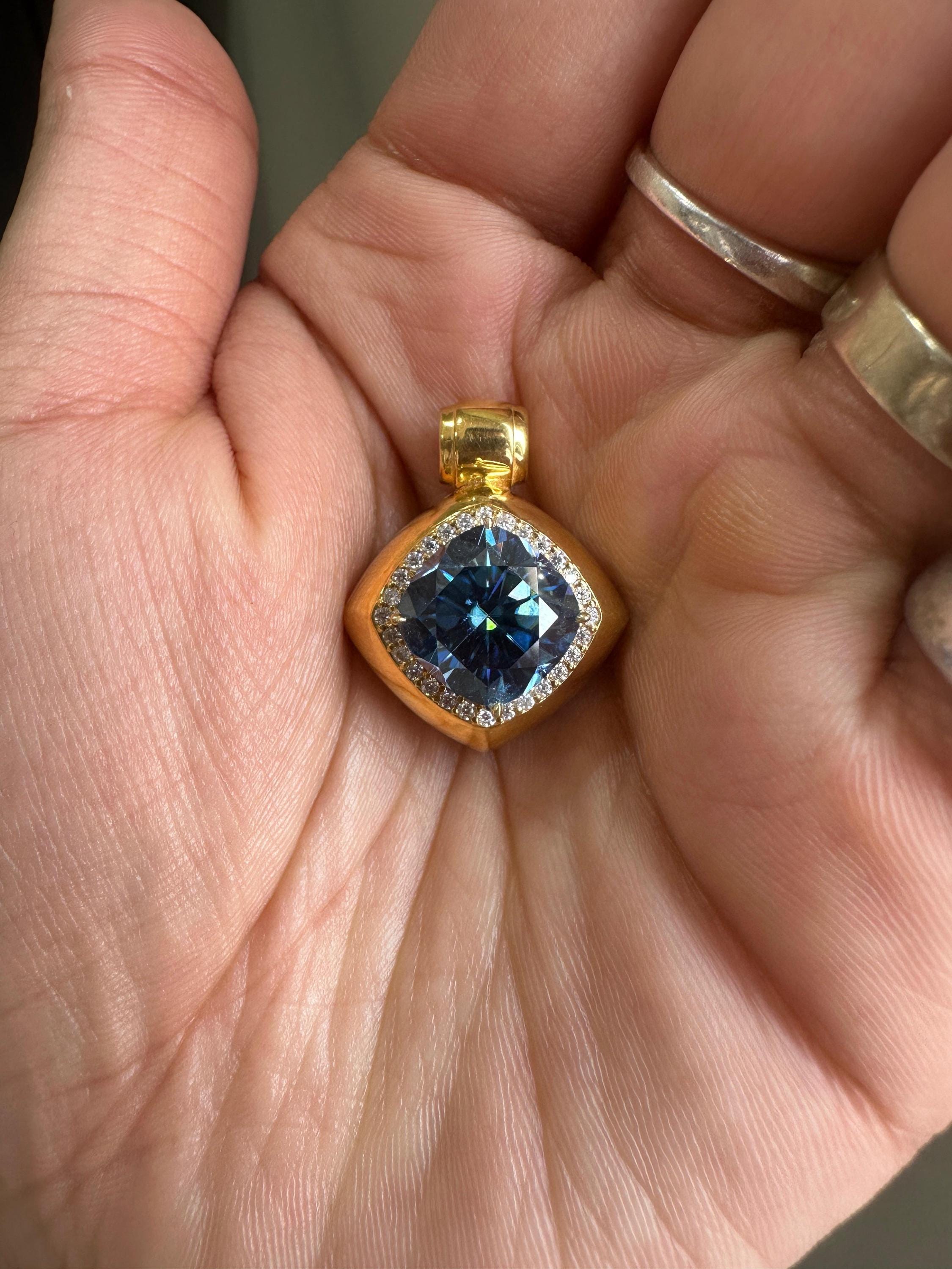 10 CT Cushion Blue Moissanite Halo Pendant | 14K Yellow Gold Statement Necklace