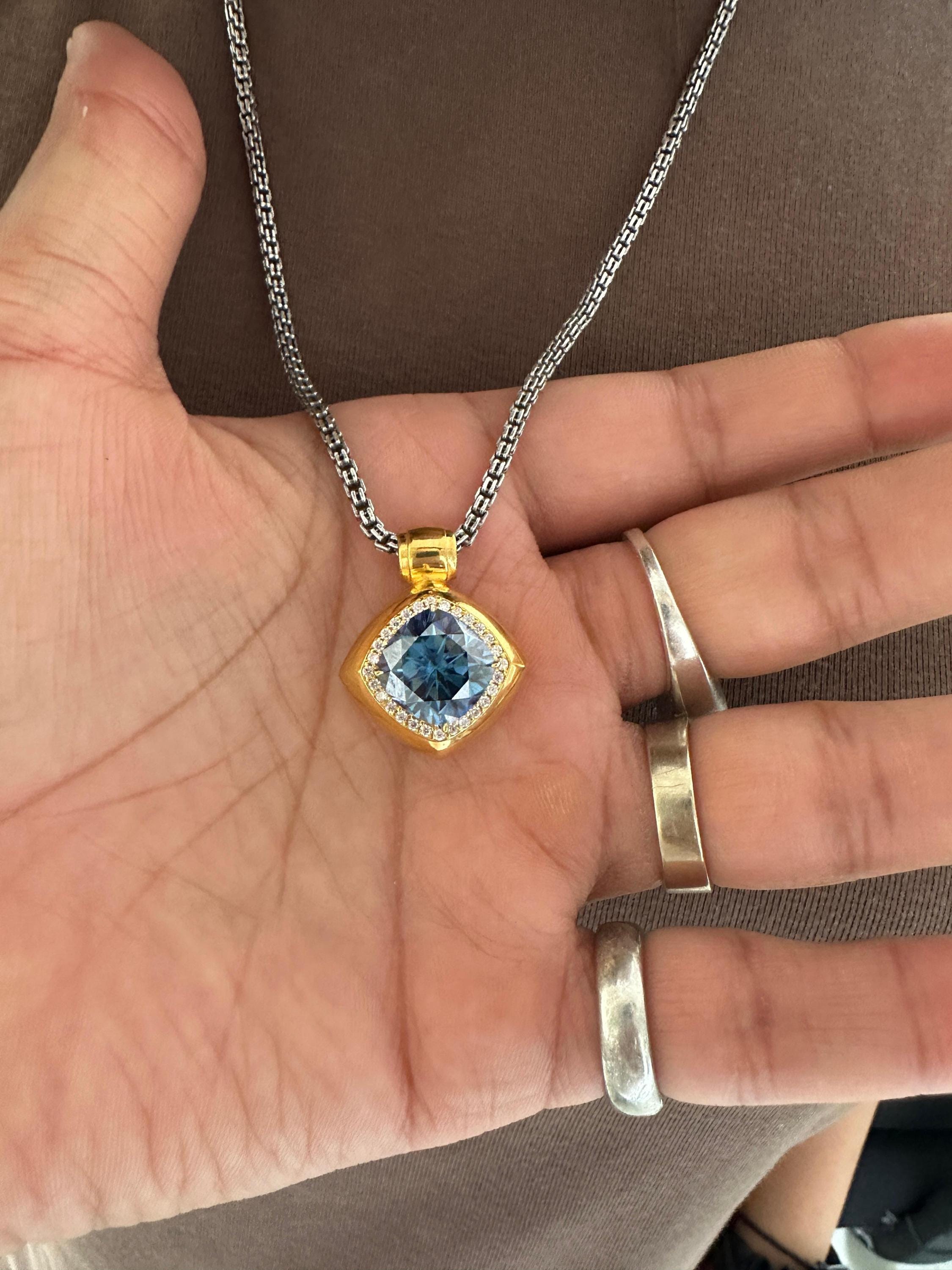 10 CT Cushion Blue Moissanite Halo Pendant | 14K Yellow Gold Statement Necklace