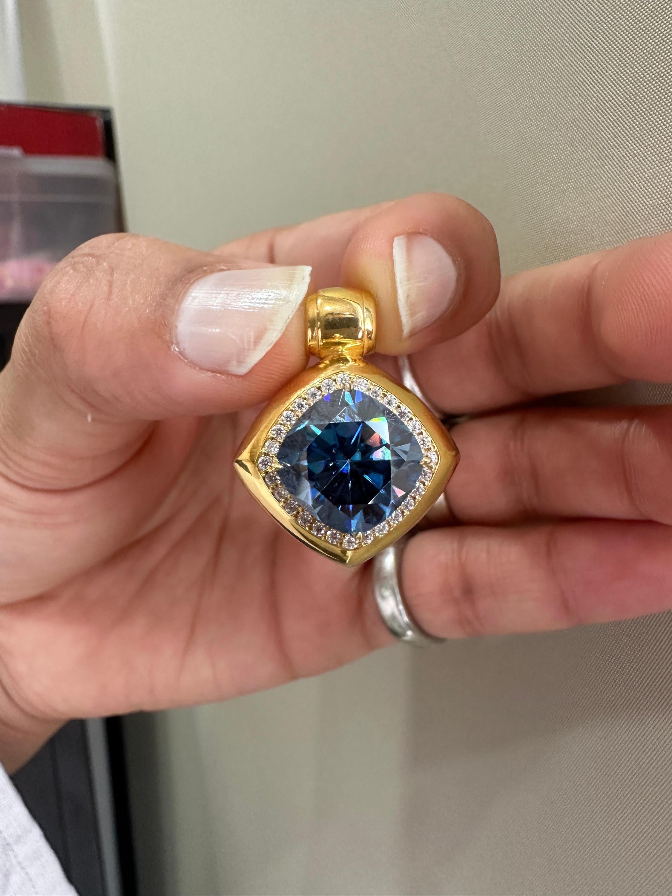 10 CT Cushion Blue Moissanite Halo Pendant | 14K Yellow Gold Statement Necklace