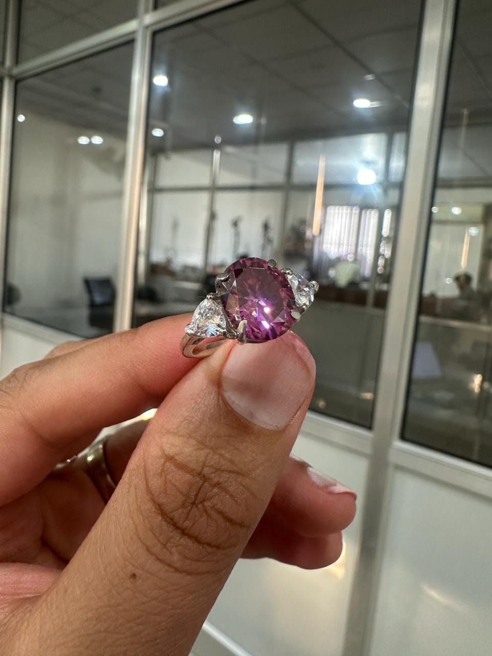 Raspberry Pink Oval Moissanite Engagement Ring, 14K White Gold Three Stone Ring