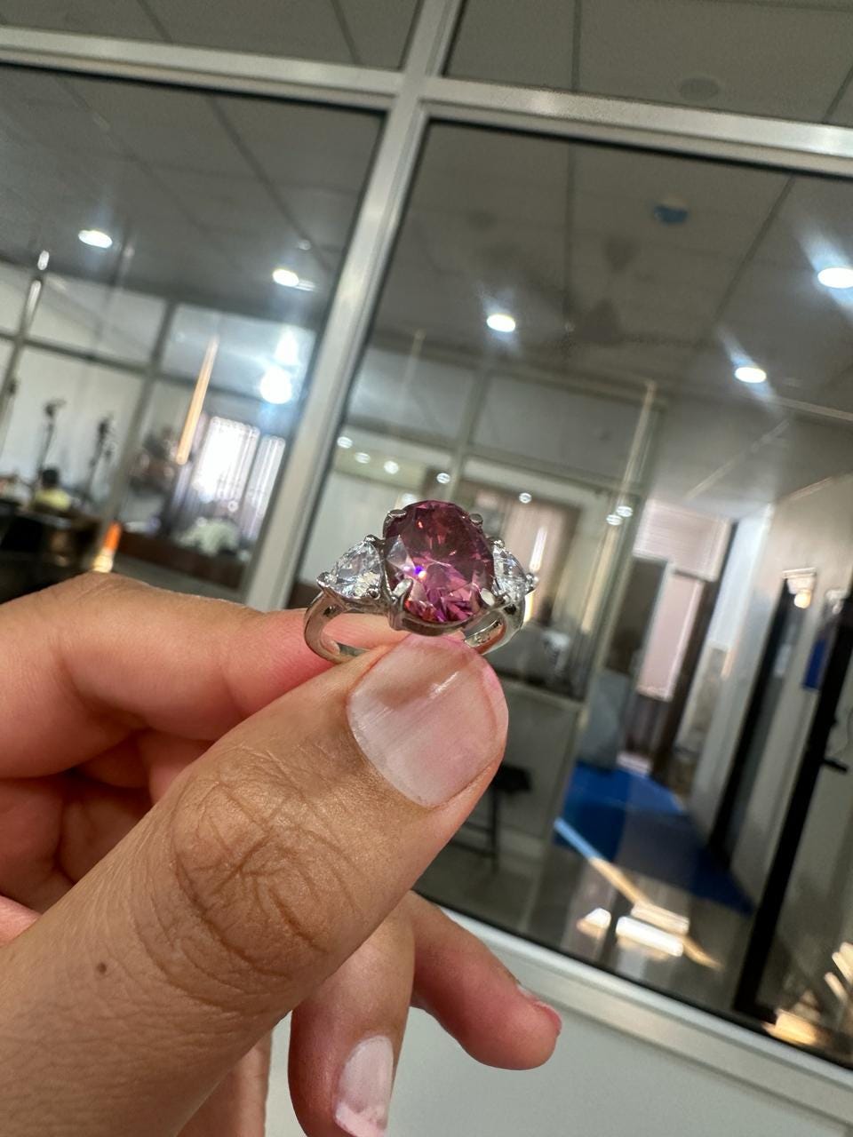 Raspberry Pink Oval Moissanite Engagement Ring, 14K White Gold Three Stone Ring