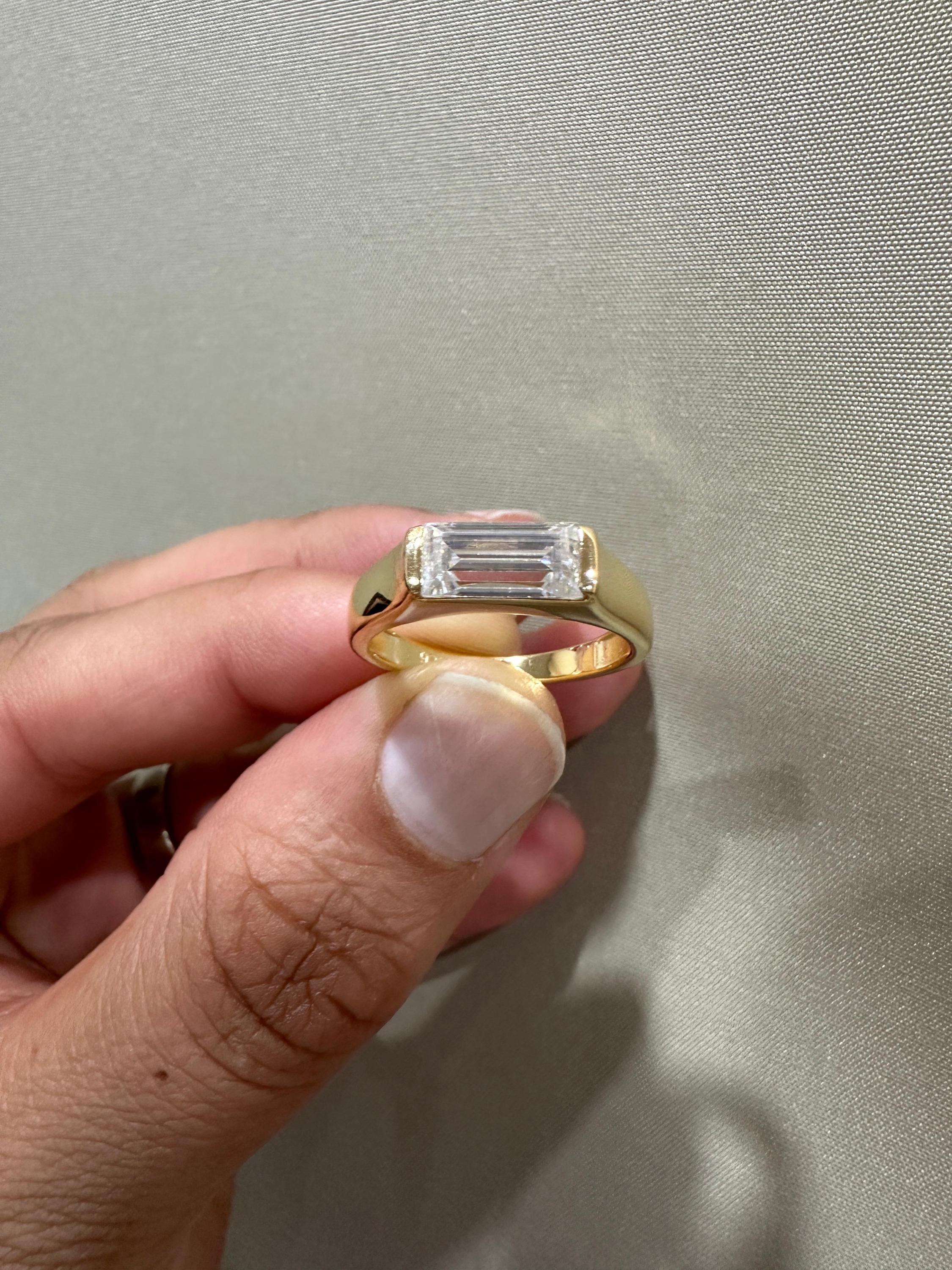 Men's Diamond Engagement Ring: 14K Yellow Gold Baguette cut Signet Ring, 2 CT