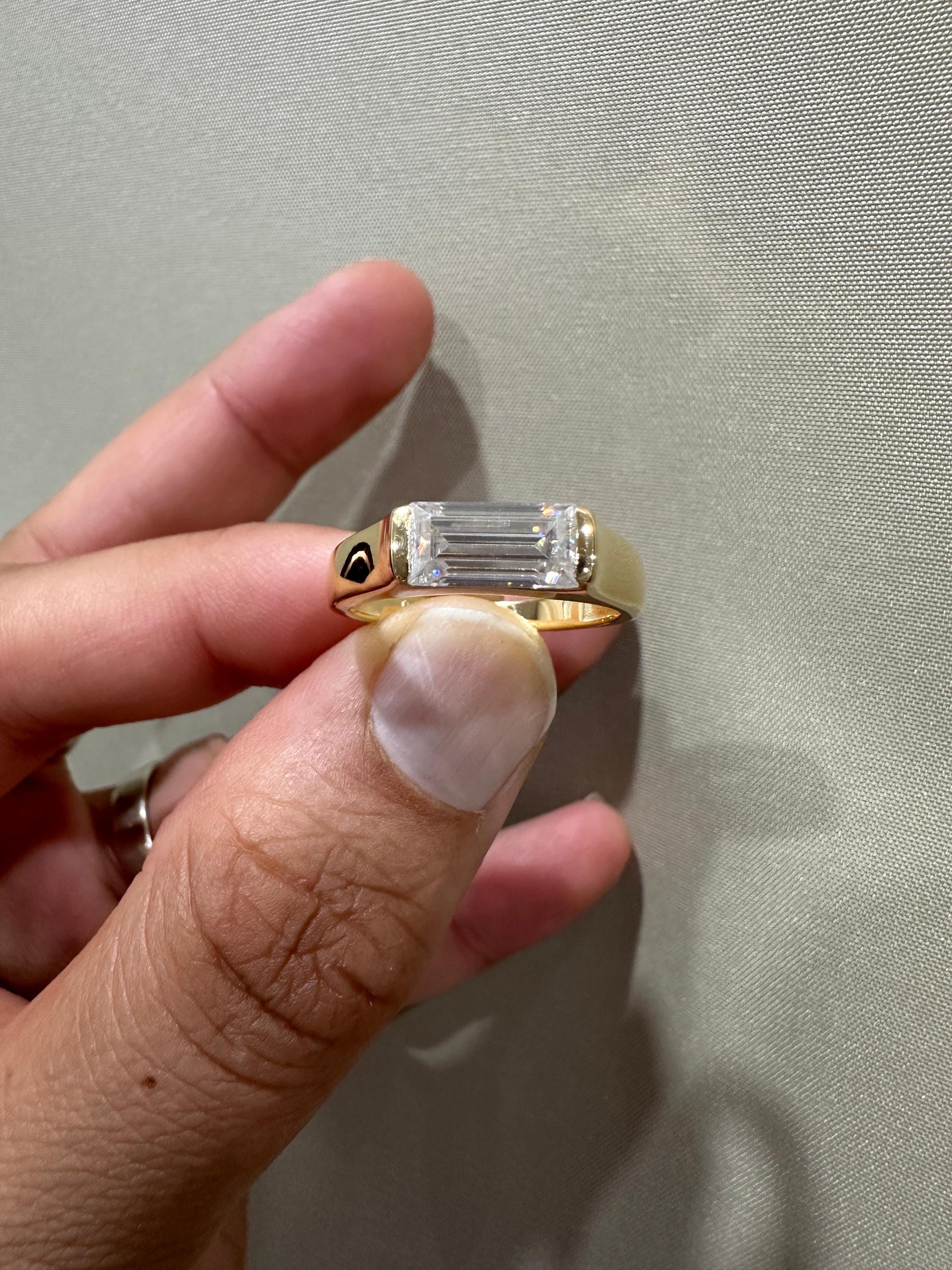 Men's Diamond Engagement Ring: 14K Yellow Gold Baguette cut Signet Ring, 2 CT