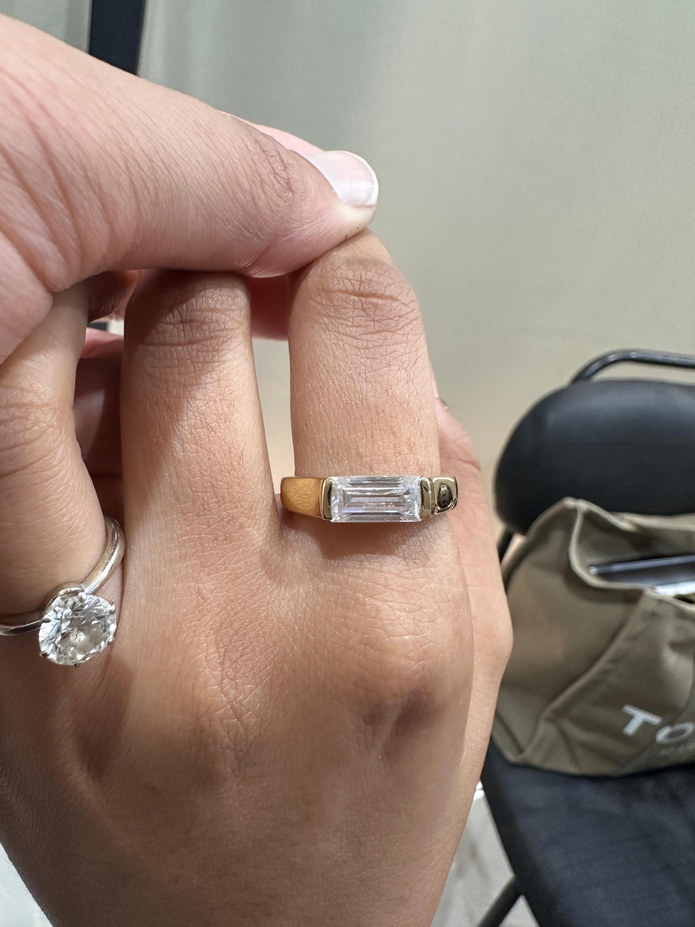 Men's Diamond Engagement Ring: 14K Yellow Gold Baguette cut Signet Ring, 2 CT