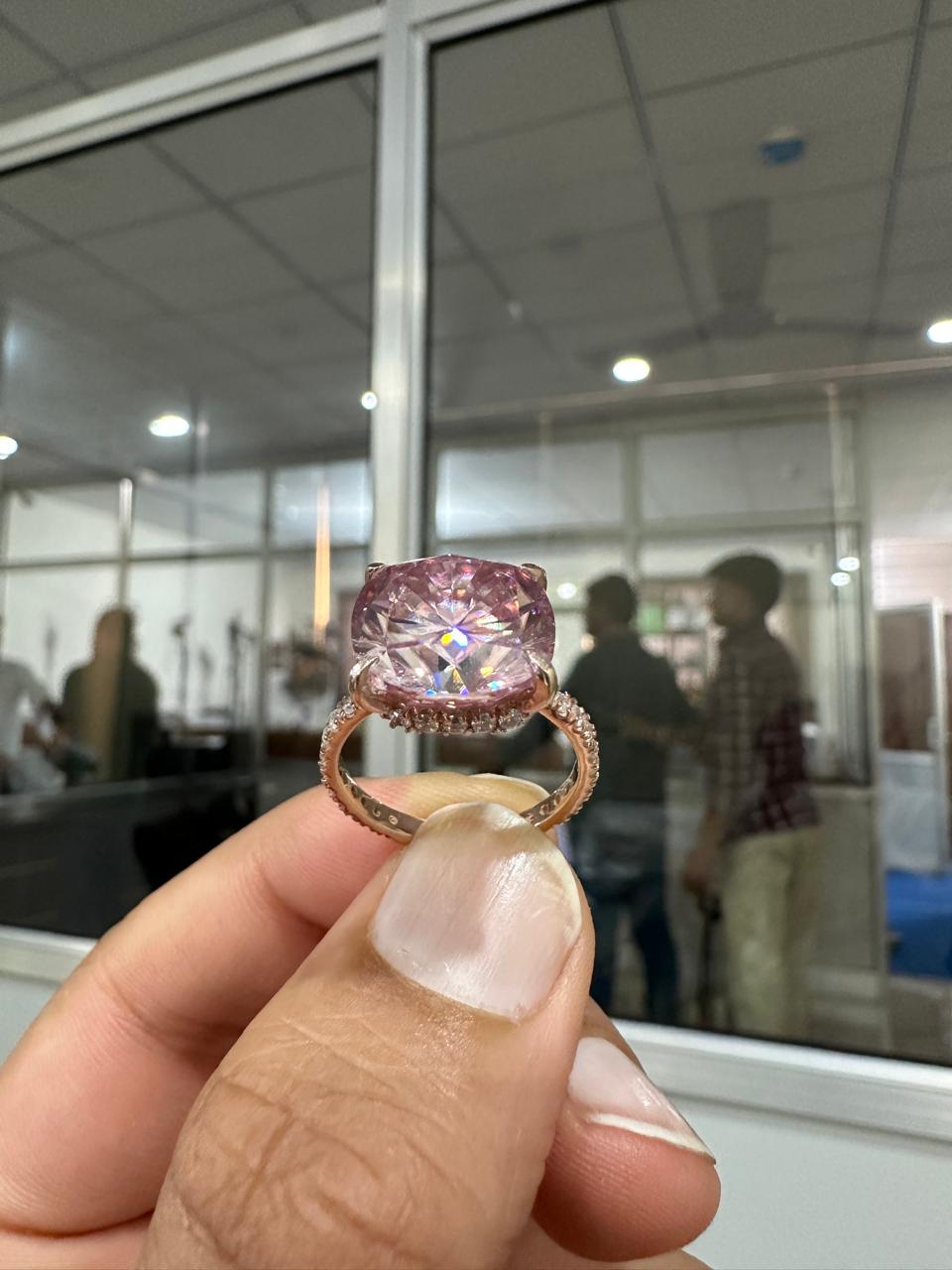 10 CT Pink Cushion Moissanite Engagement Ring, 14K Rose Gold Hidden Halo Pavé Band