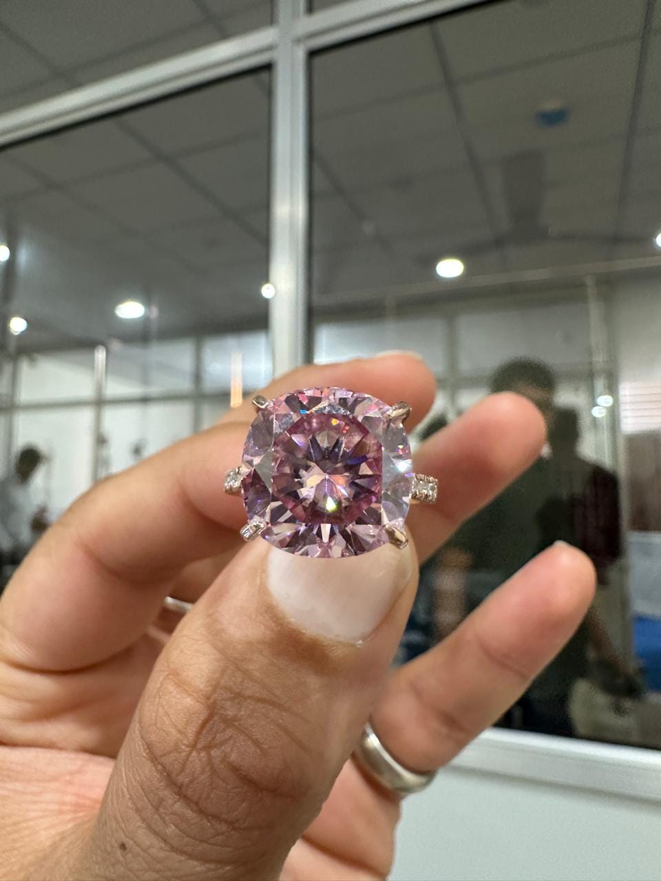 10 CT Pink Cushion Moissanite Engagement Ring, 14K Rose Gold Hidden Halo Pavé Band