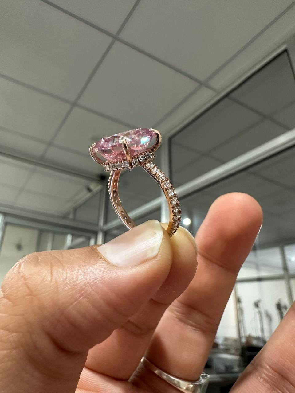 10 CT Pink Cushion Moissanite Engagement Ring, 14K Rose Gold Hidden Halo Pavé Band