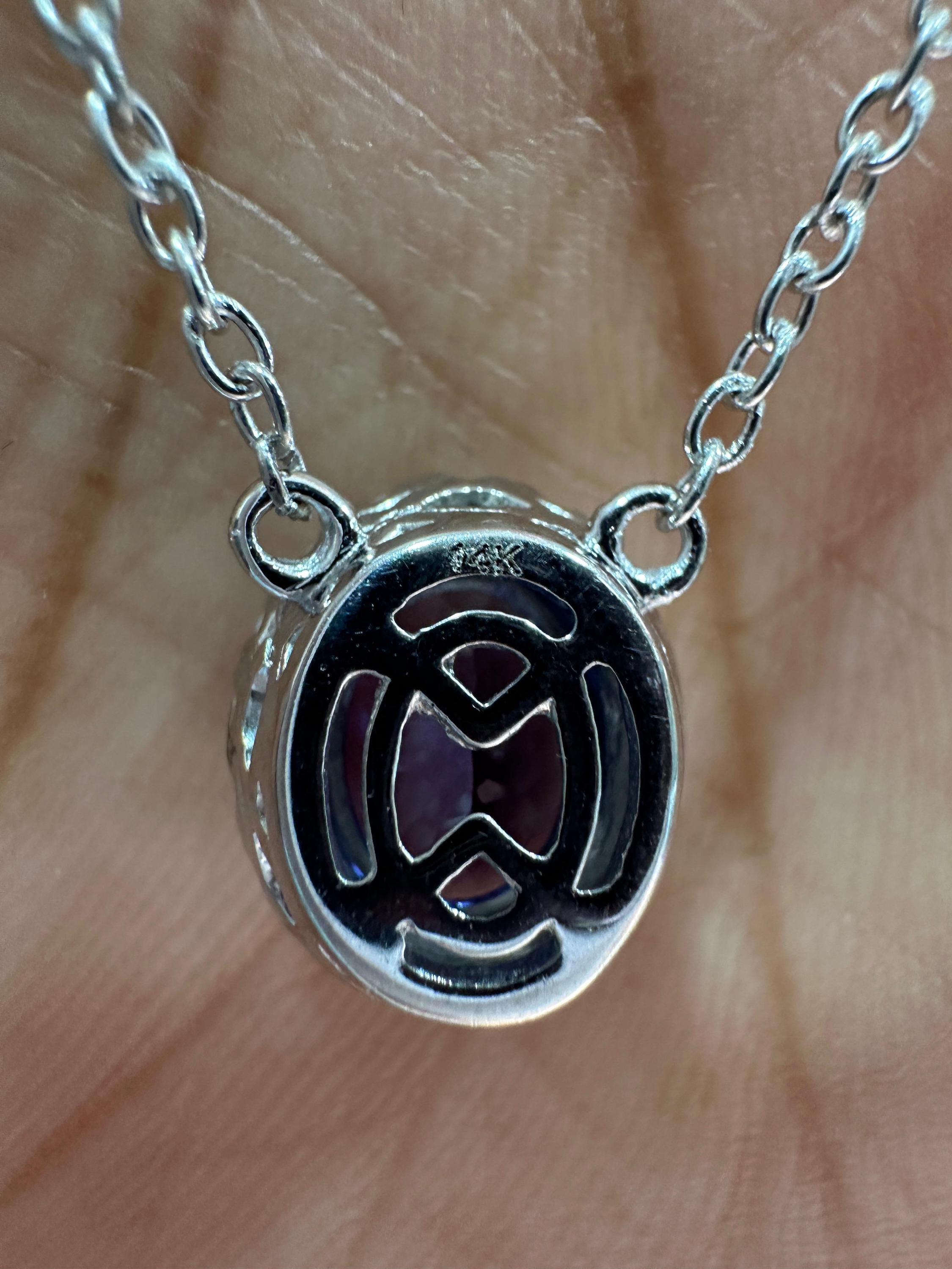 14k White Gold Tanzanite Diamond Halo Pendant, Blue Violet Gemstone Necklace
