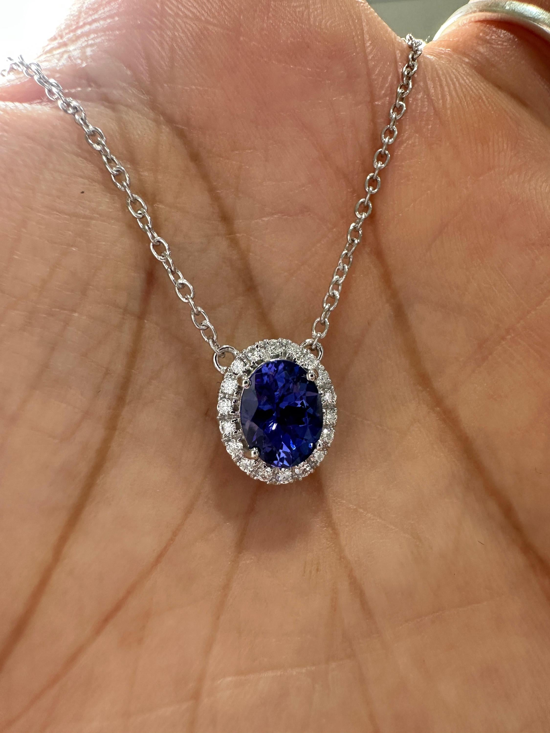 14k White Gold Tanzanite Diamond Halo Pendant, Blue Violet Gemstone Necklace