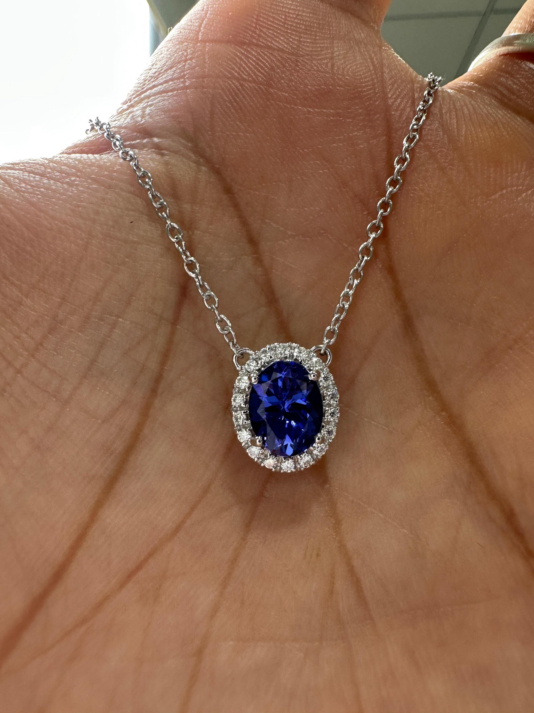 14k White Gold Tanzanite Diamond Halo Pendant, Blue Violet Gemstone Necklace