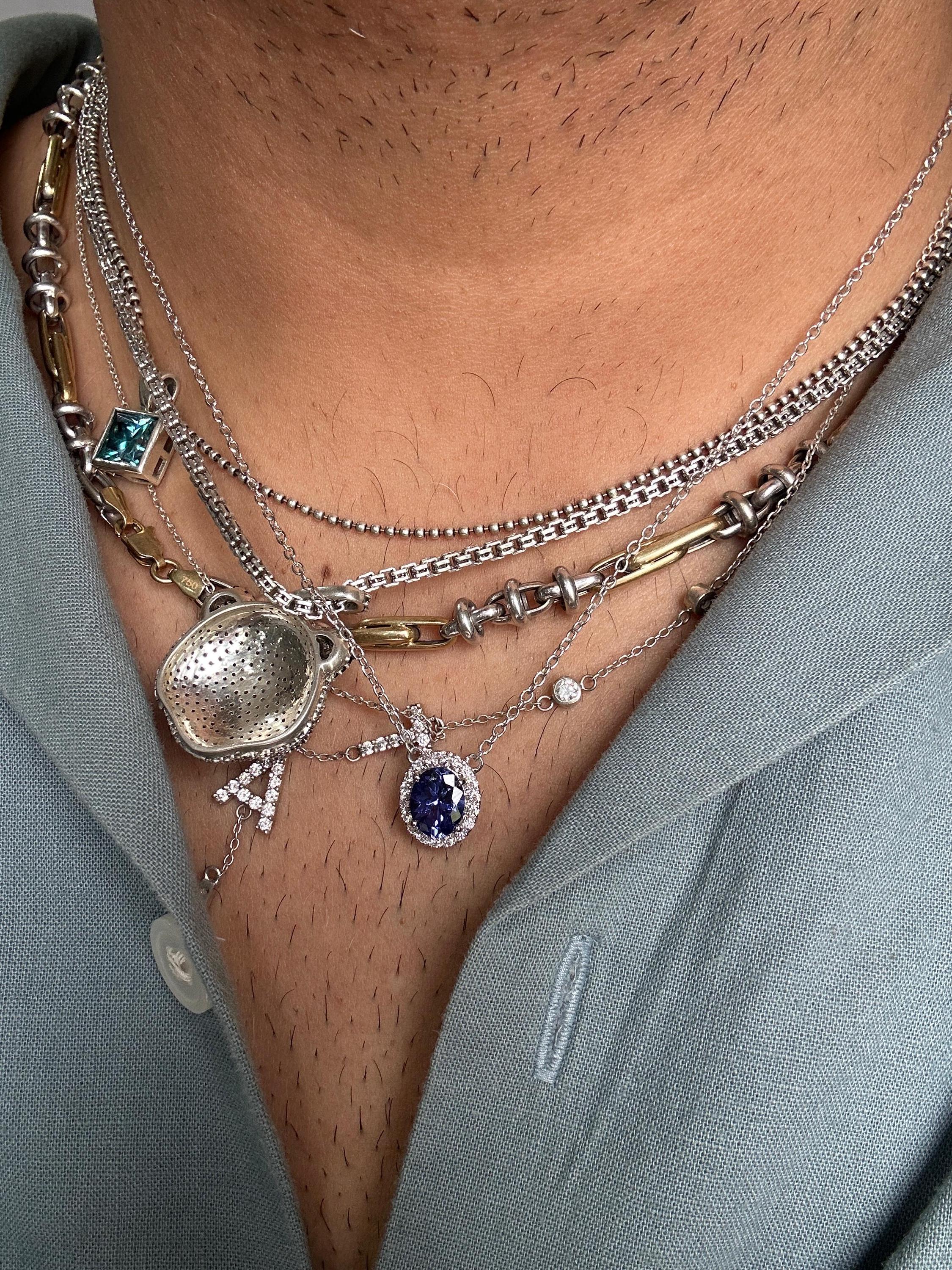 14k White Gold Tanzanite Diamond Halo Pendant, Blue Violet Gemstone Necklace