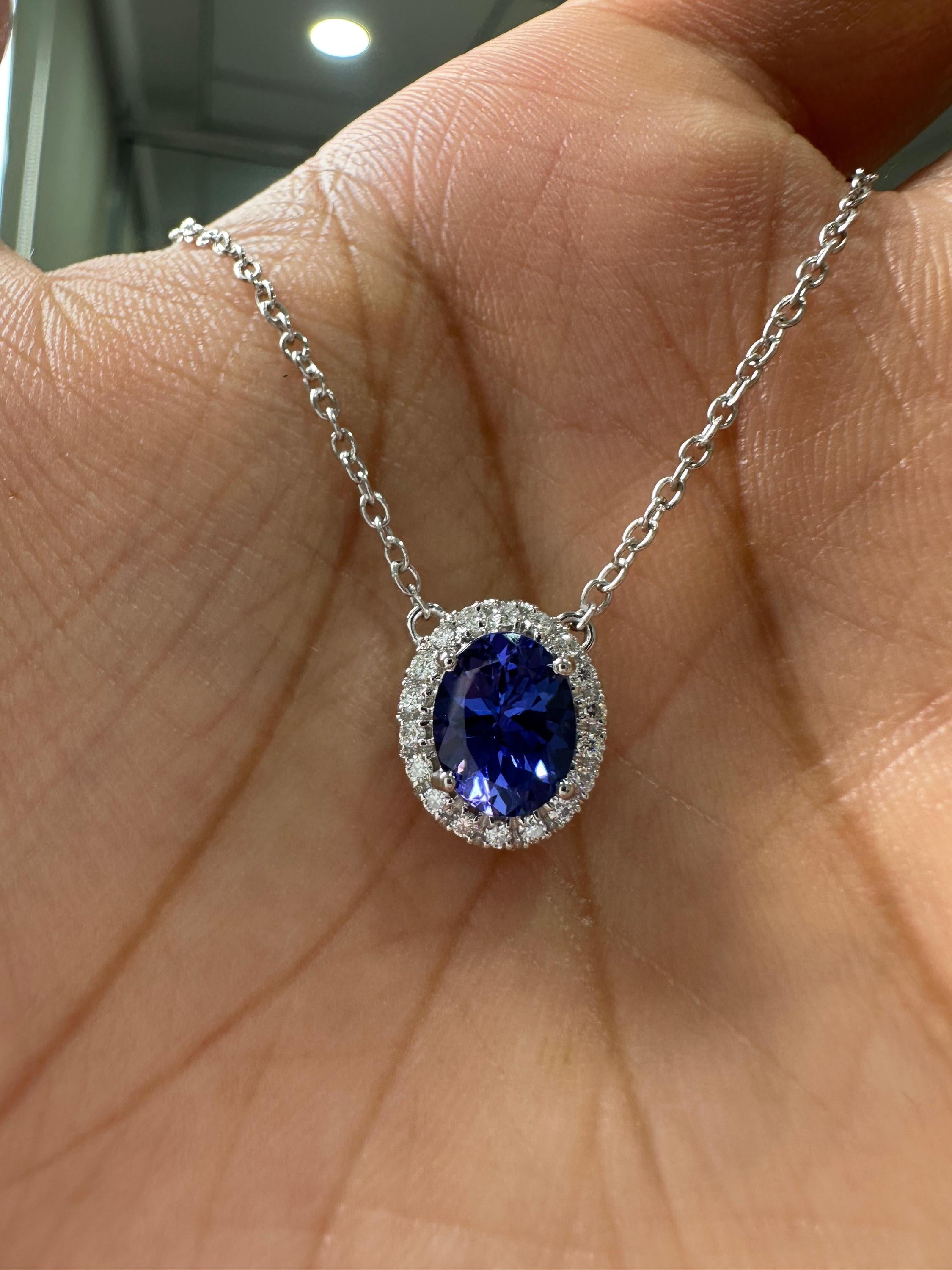 14k White Gold Tanzanite Diamond Halo Pendant, Blue Violet Gemstone Necklace