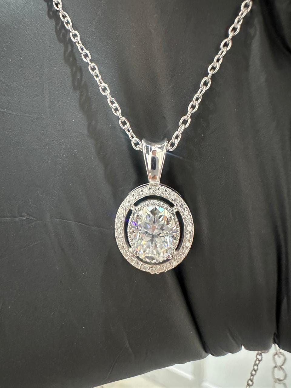 Oval Moissanite Halo Pendant Necklace | 925 Sterling Silver Statement Jewelry