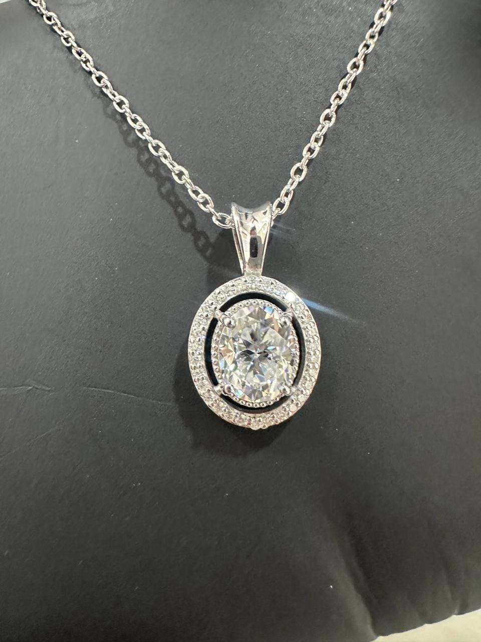 Oval Moissanite Halo Pendant Necklace | 925 Sterling Silver Statement Jewelry