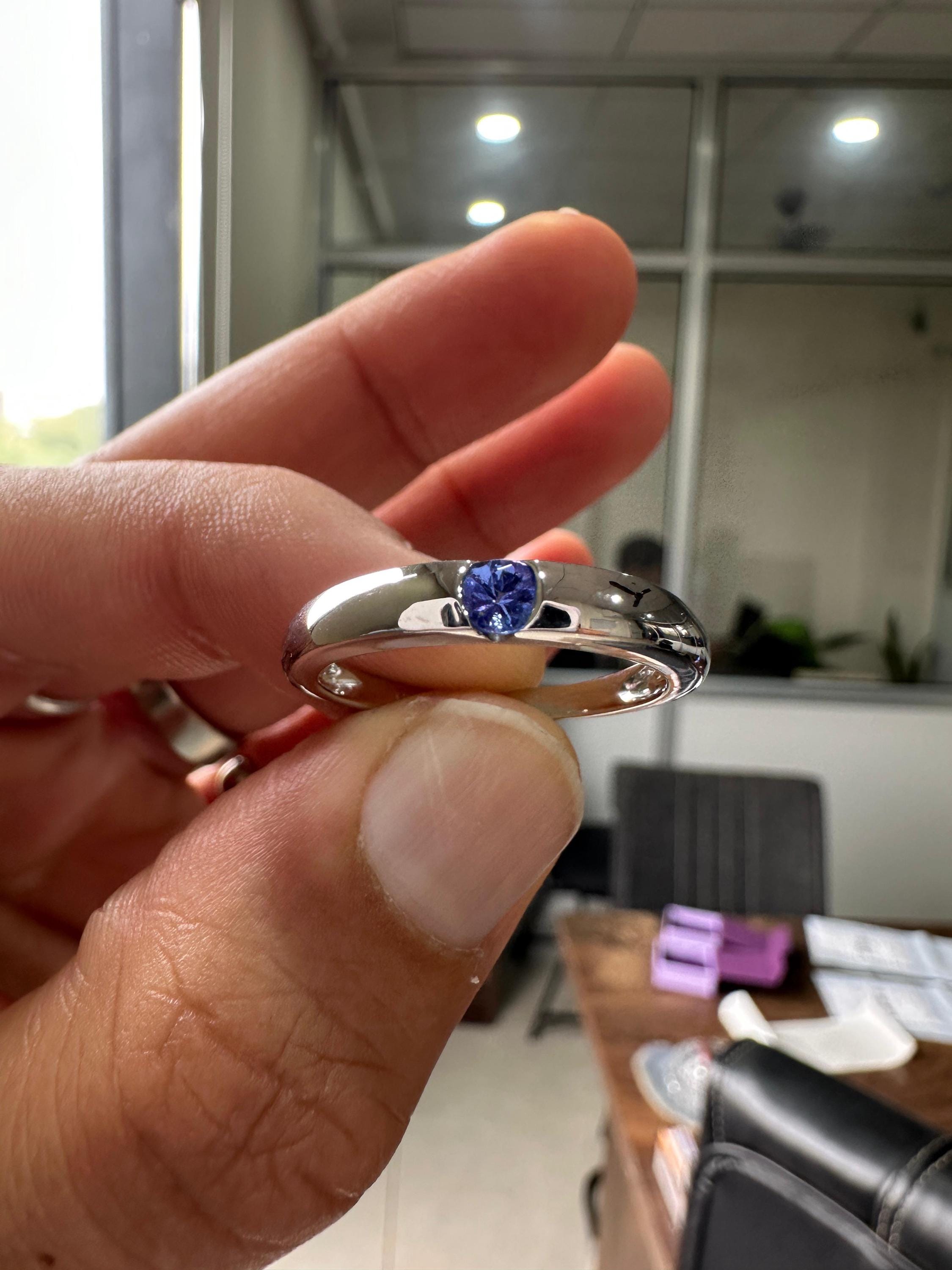 14K White Gold Tanzanite Engagement Band Ring | Minimalist Half Bezel Couple Ring