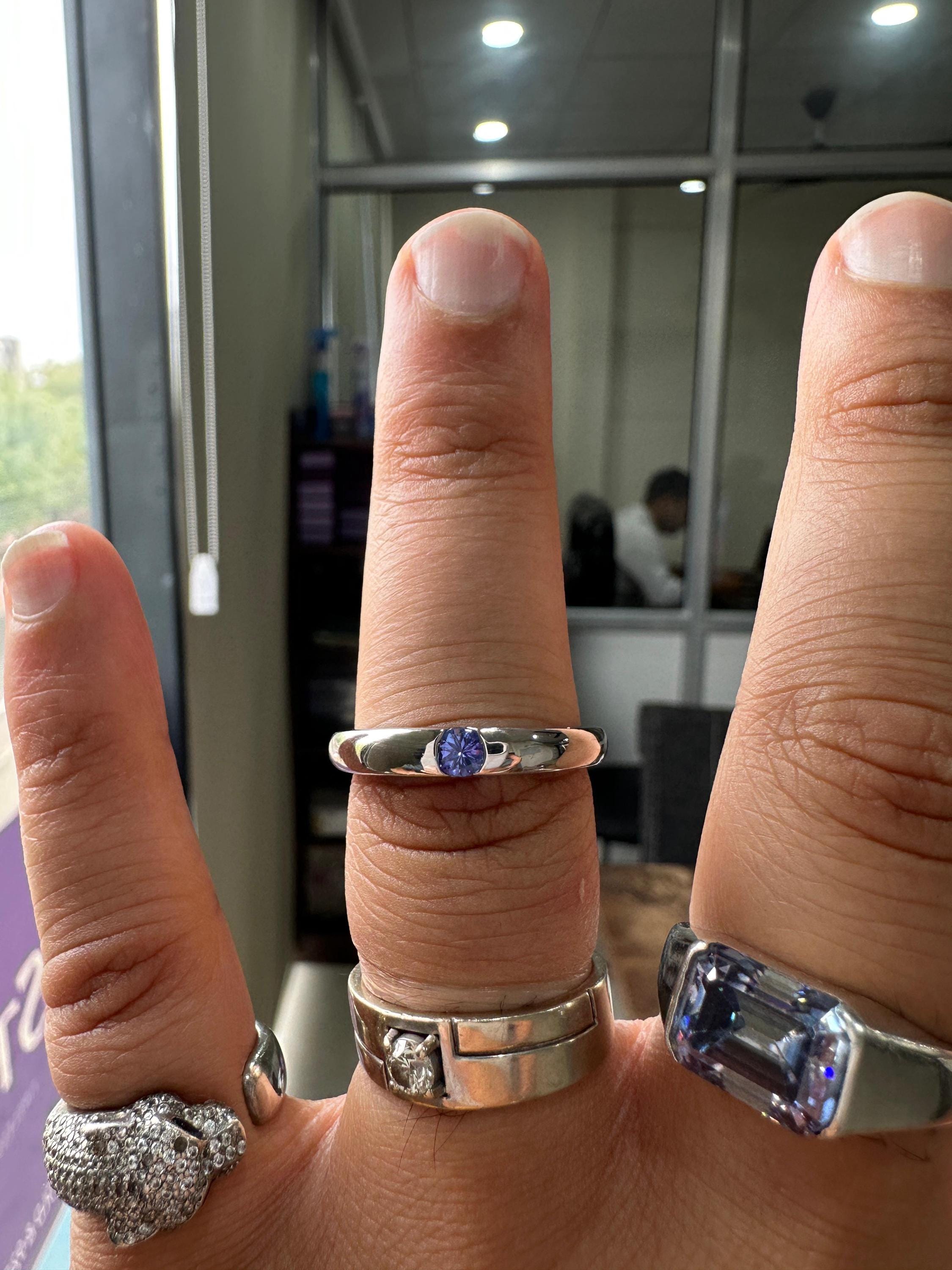 14K White Gold Tanzanite Engagement Band Ring | Minimalist Half Bezel Couple Ring