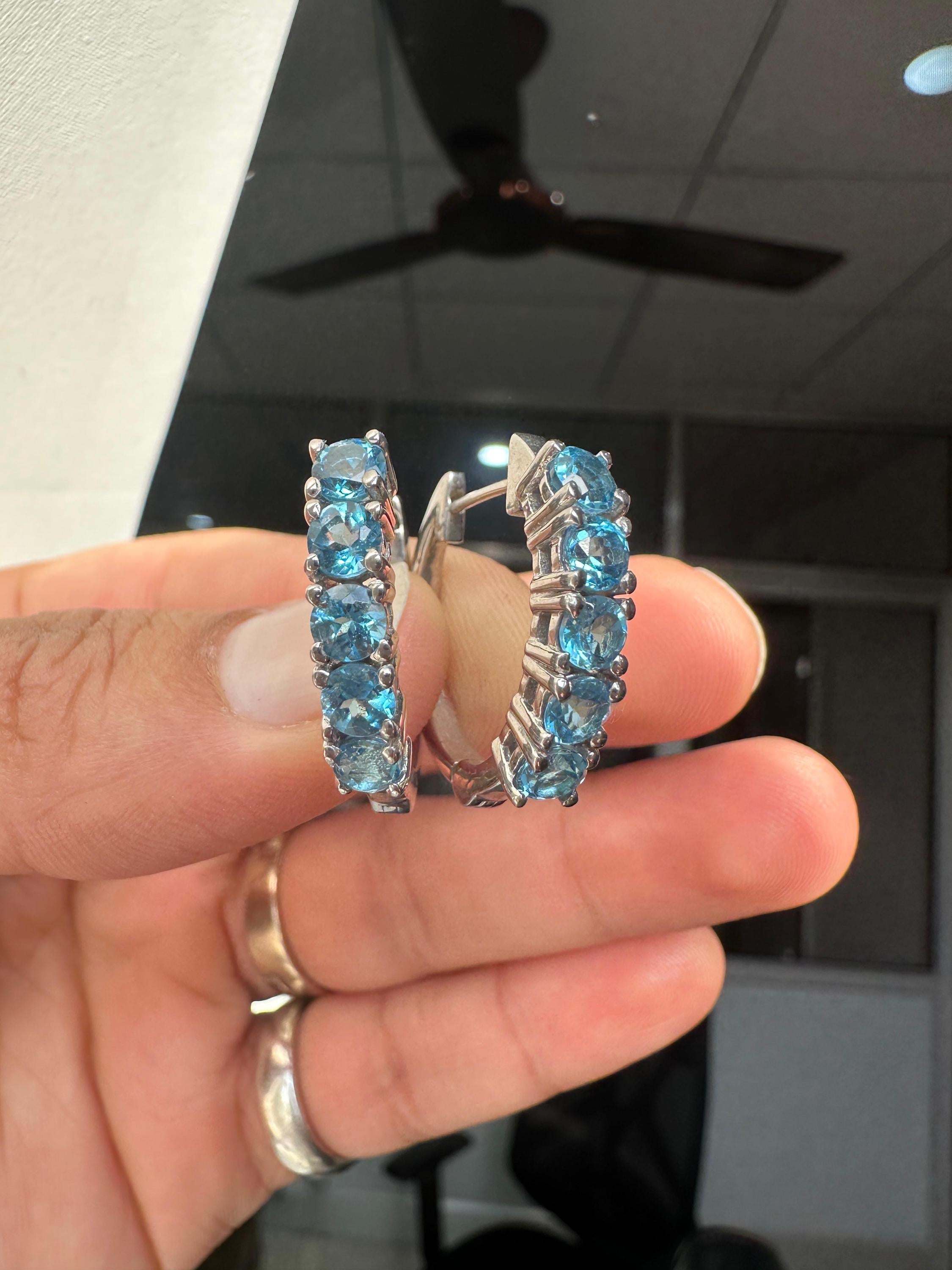 Natural Blue Topaz Huggie Hoop Earrings 14K White Gold | Fine Jewelry Gift for Her