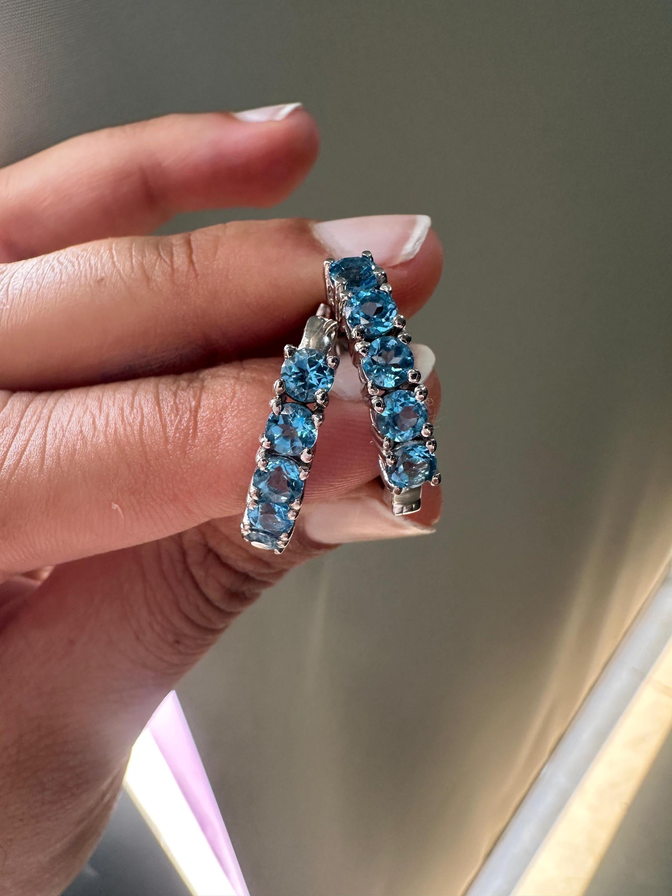 Natural Blue Topaz Huggie Hoop Earrings 14K White Gold | Fine Jewelry Gift for Her