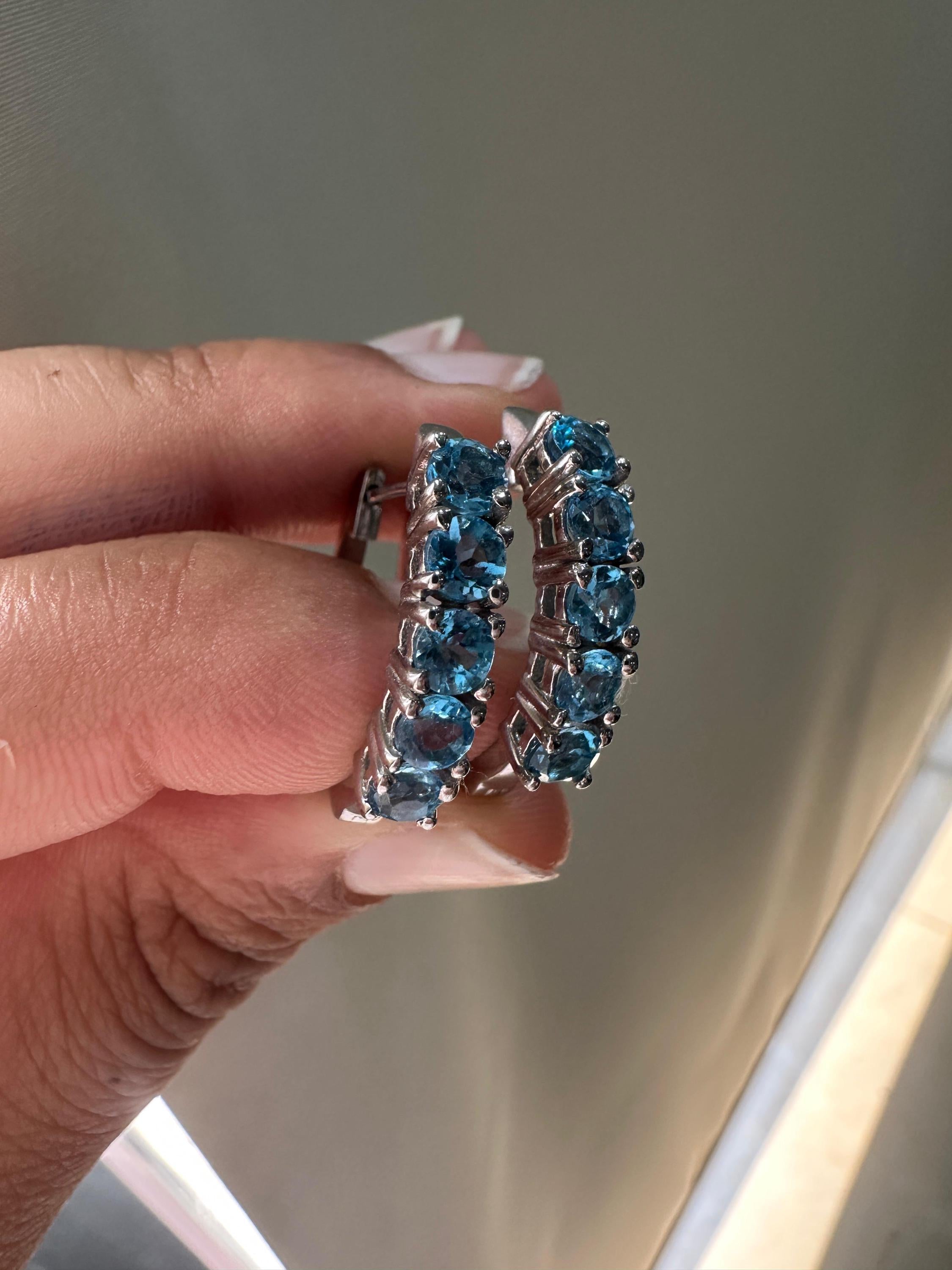 Natural Blue Topaz Huggie Hoop Earrings 14K White Gold | Fine Jewelry Gift for Her