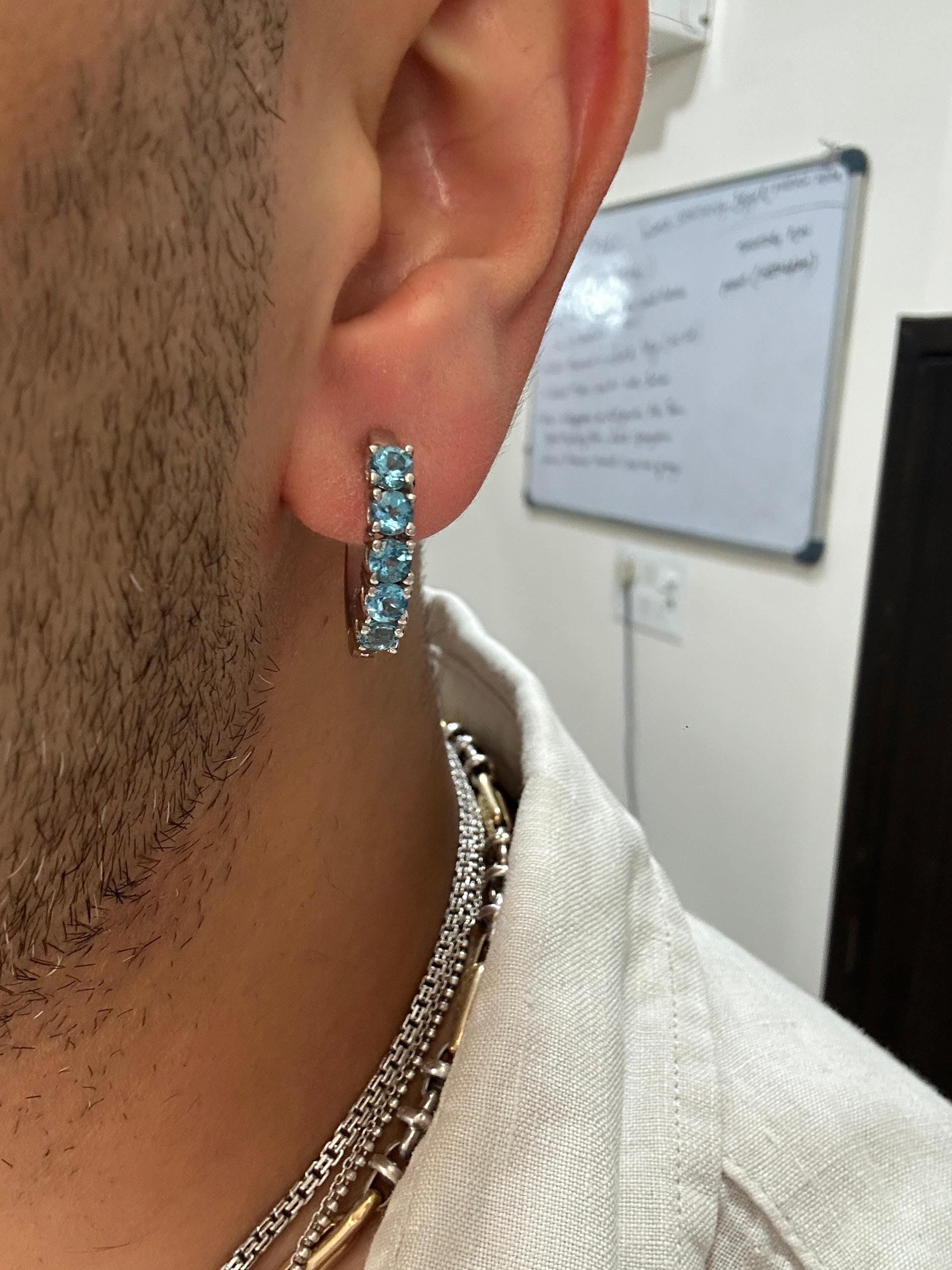 Natural Blue Topaz Huggie Hoop Earrings 14K White Gold | Fine Jewelry Gift for Her