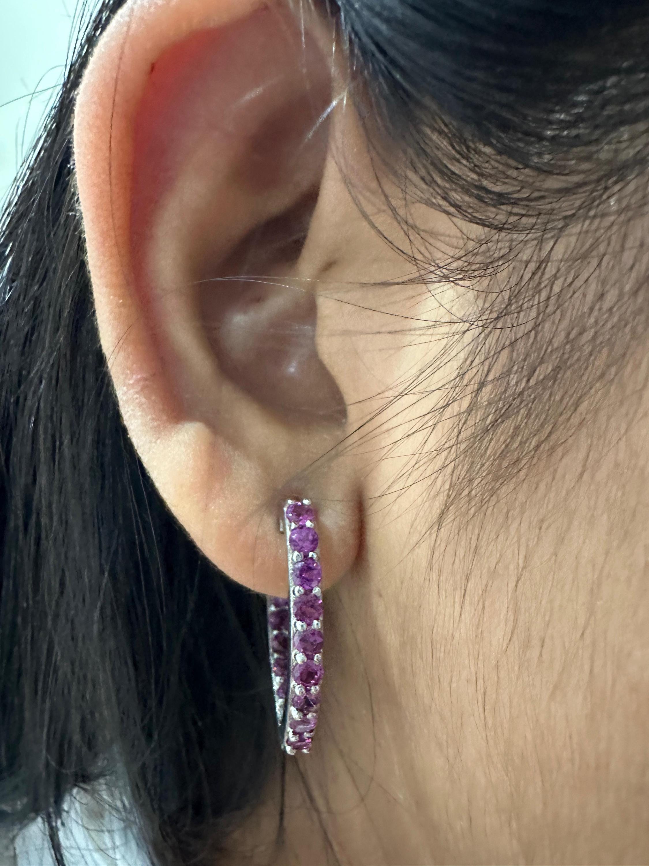 Rhodolite Inside Out Huggie Hoop Earrings | 925 Sterling Silver, Christmas Gift for her