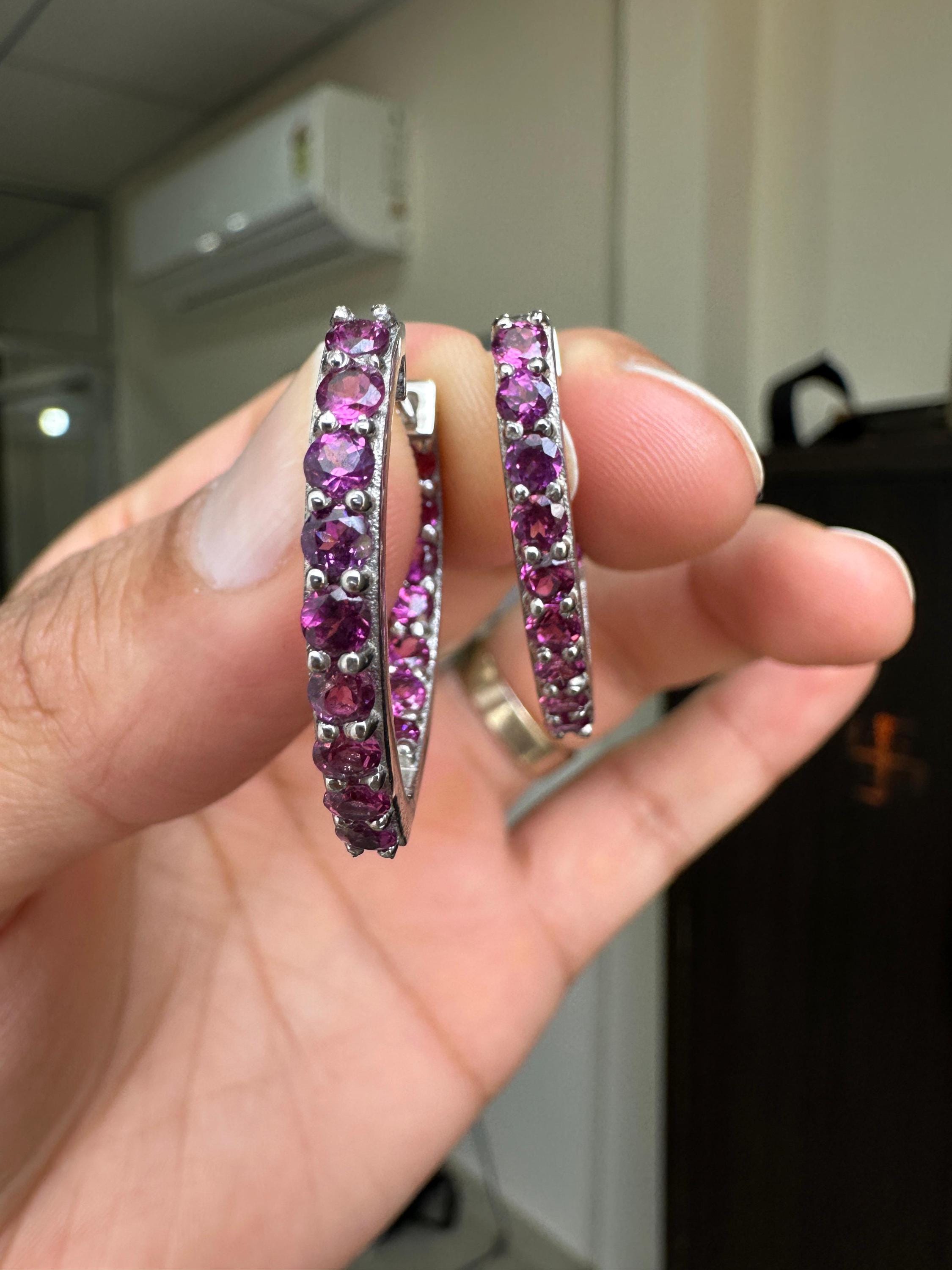 Rhodolite Inside Out Huggie Hoop Earrings | 925 Sterling Silver, Christmas Gift for her