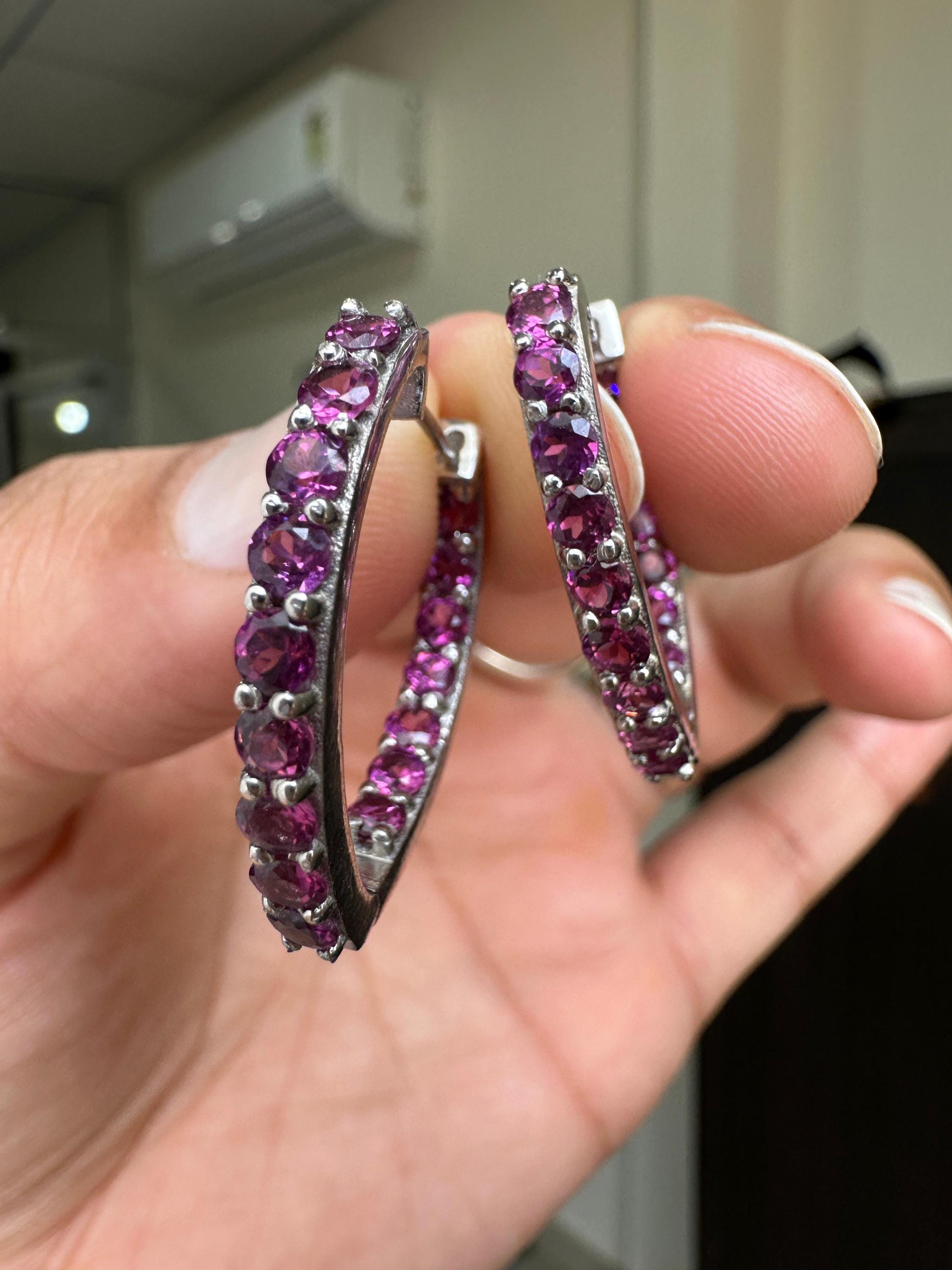 Rhodolite Inside Out Huggie Hoop Earrings | 925 Sterling Silver, Christmas Gift for her