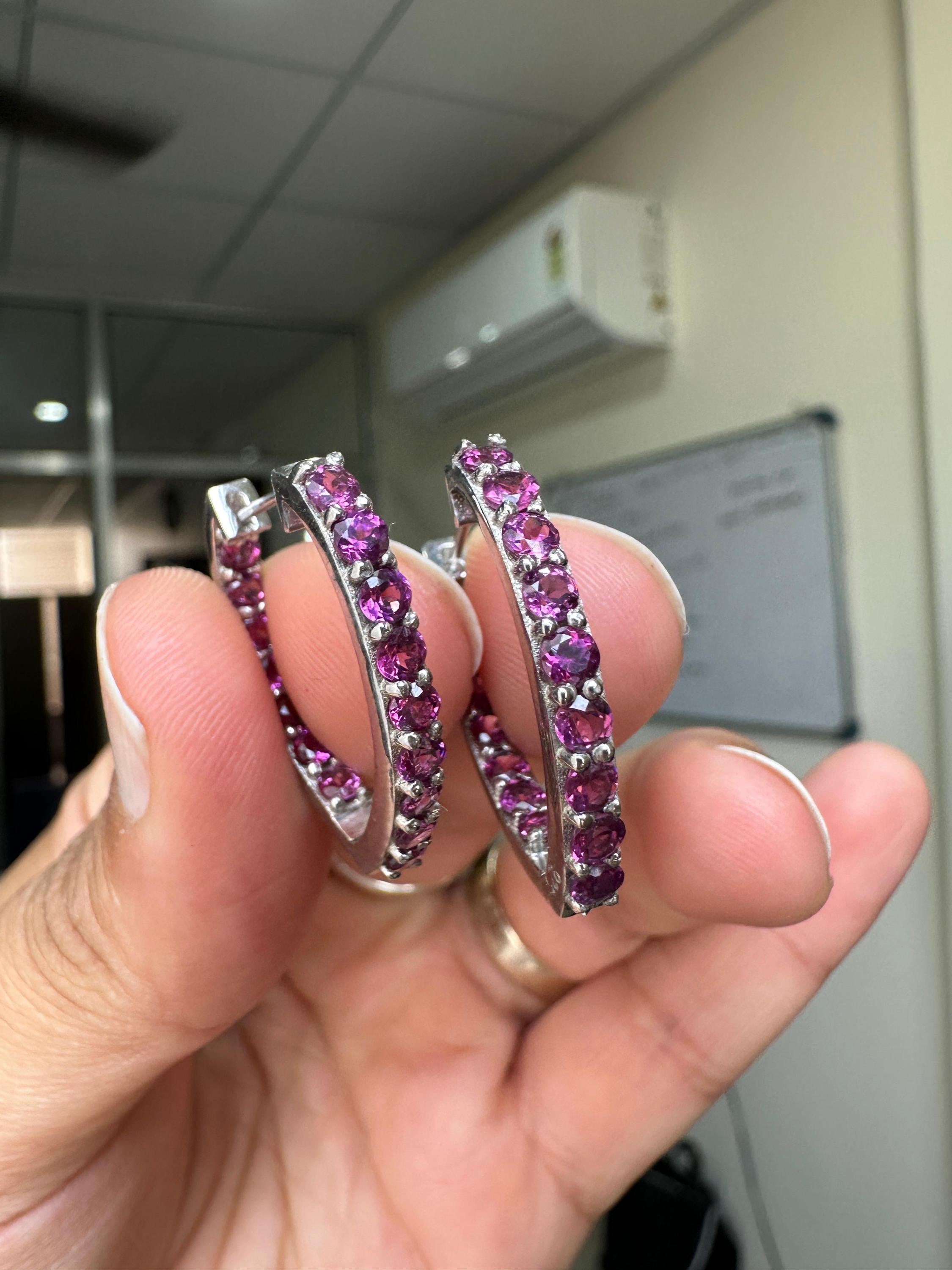 Rhodolite Inside Out Huggie Hoop Earrings | 925 Sterling Silver, Christmas Gift for her