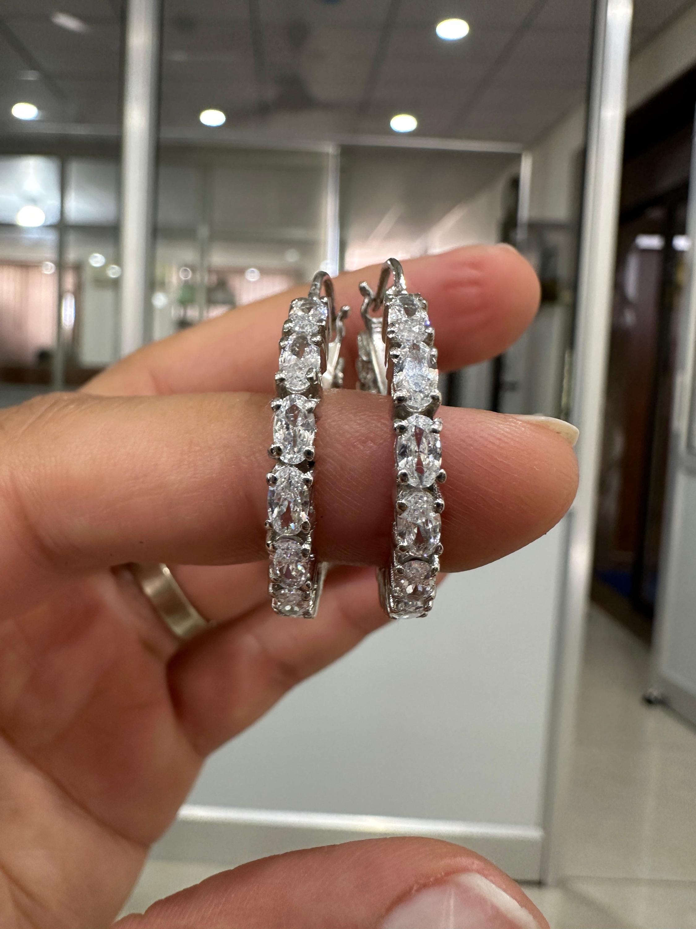 Oval Cut Moissanite Hoop Earrings | 925 Sterling Silver Inside-Out Chunky Statement