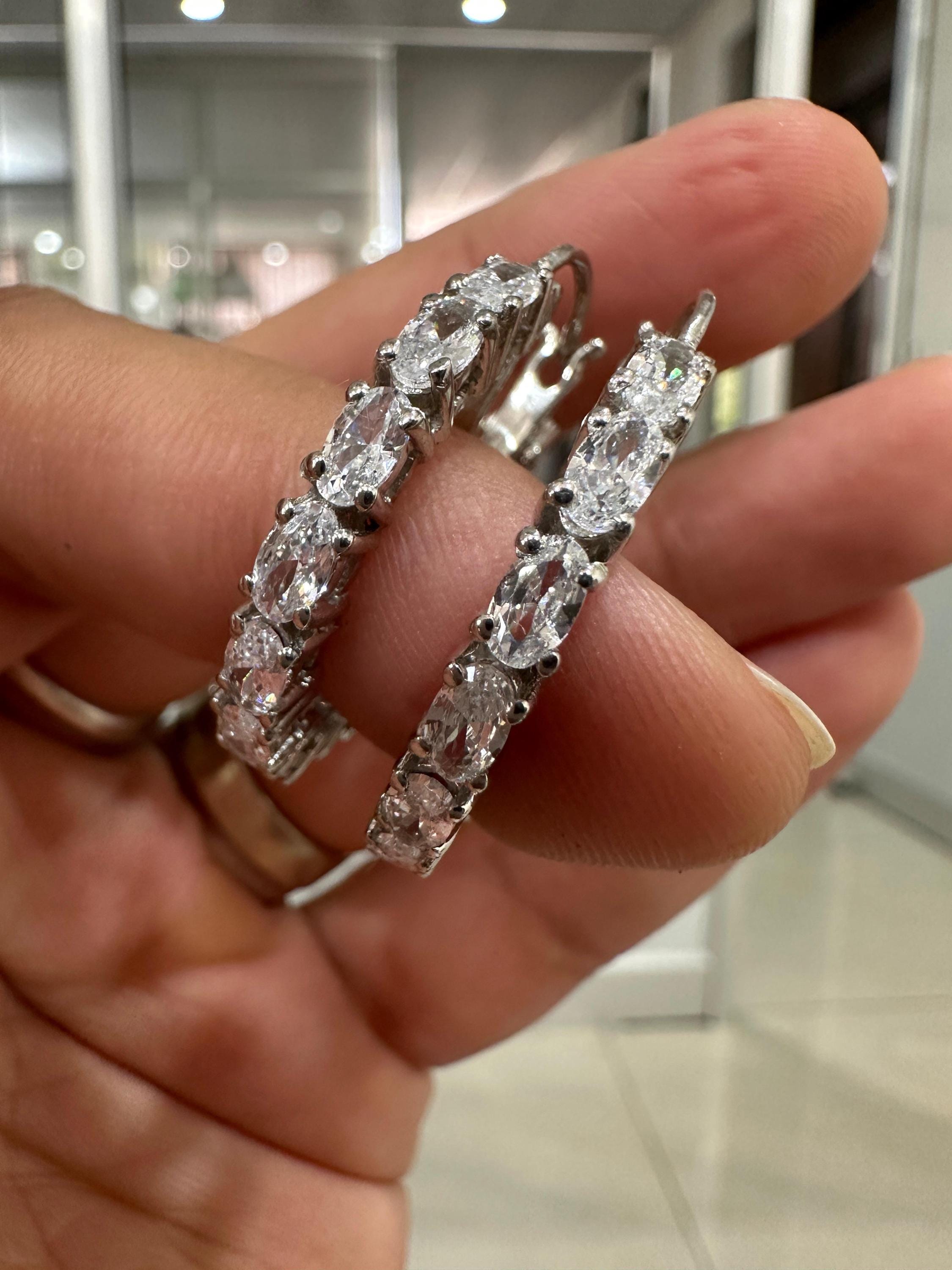 Oval Cut Moissanite Hoop Earrings | 925 Sterling Silver Inside-Out Chunky Statement