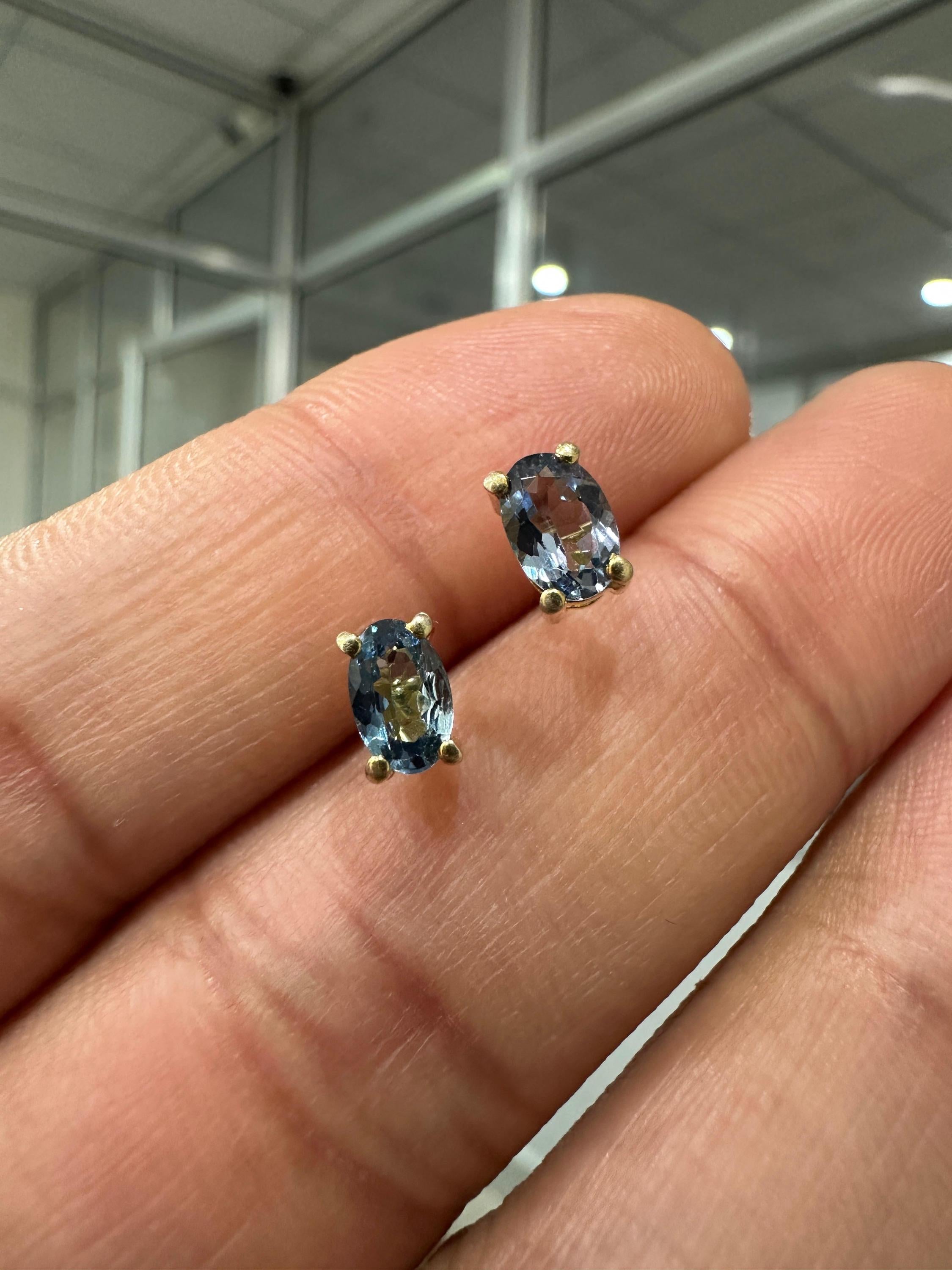 Oval London Blue Topaz Stud Earrings | 14K Yellow Gold, December Birthstone