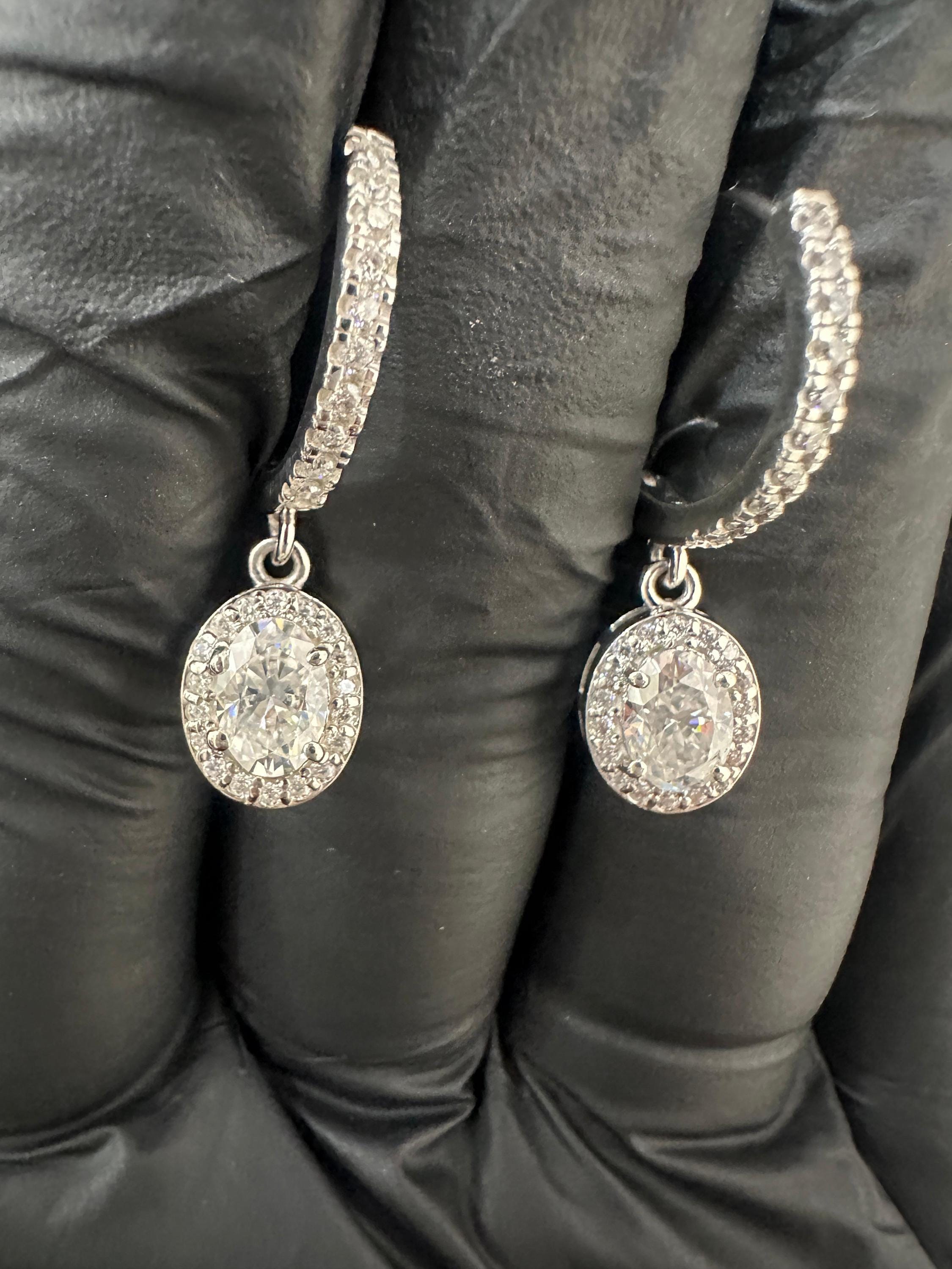 Oval Moissanite Halo Drop Hoop Earrings | 14k Gold Vermeil, Birthday Gift for her