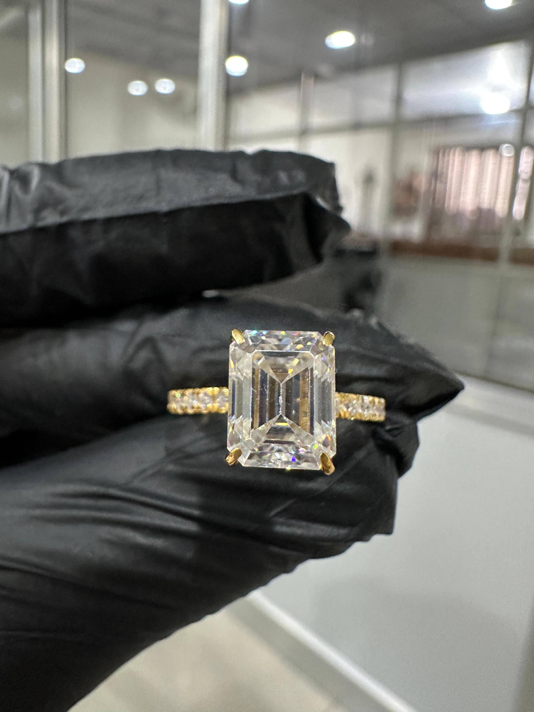 Emerald Moissanite Engagement Ring | 14K Yellow Gold Hidden Halo Pavé Band